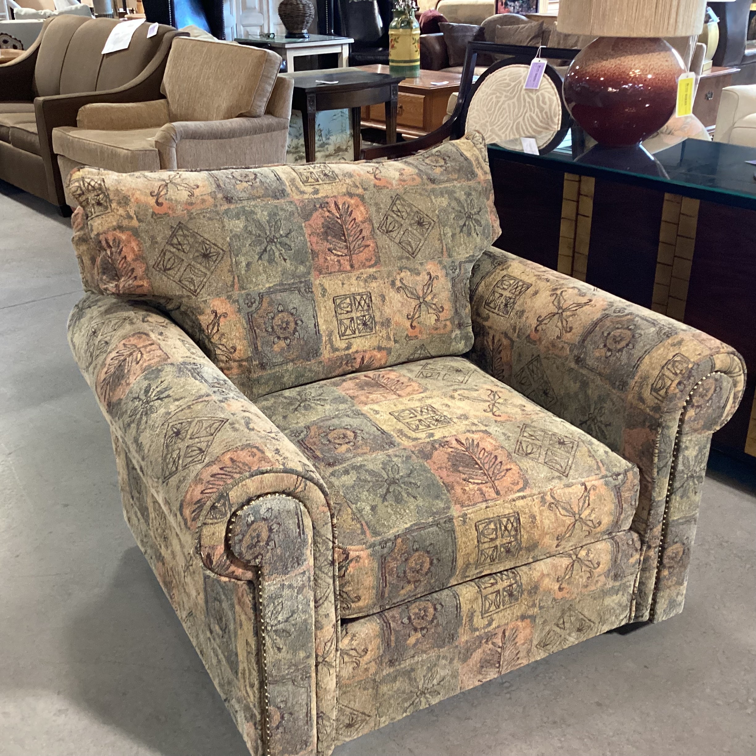 Frazier Merri Harvest Golden Sage Blue Orange with Nailhead Arm Oversized Swivel Chair 43"x 39"x 34"