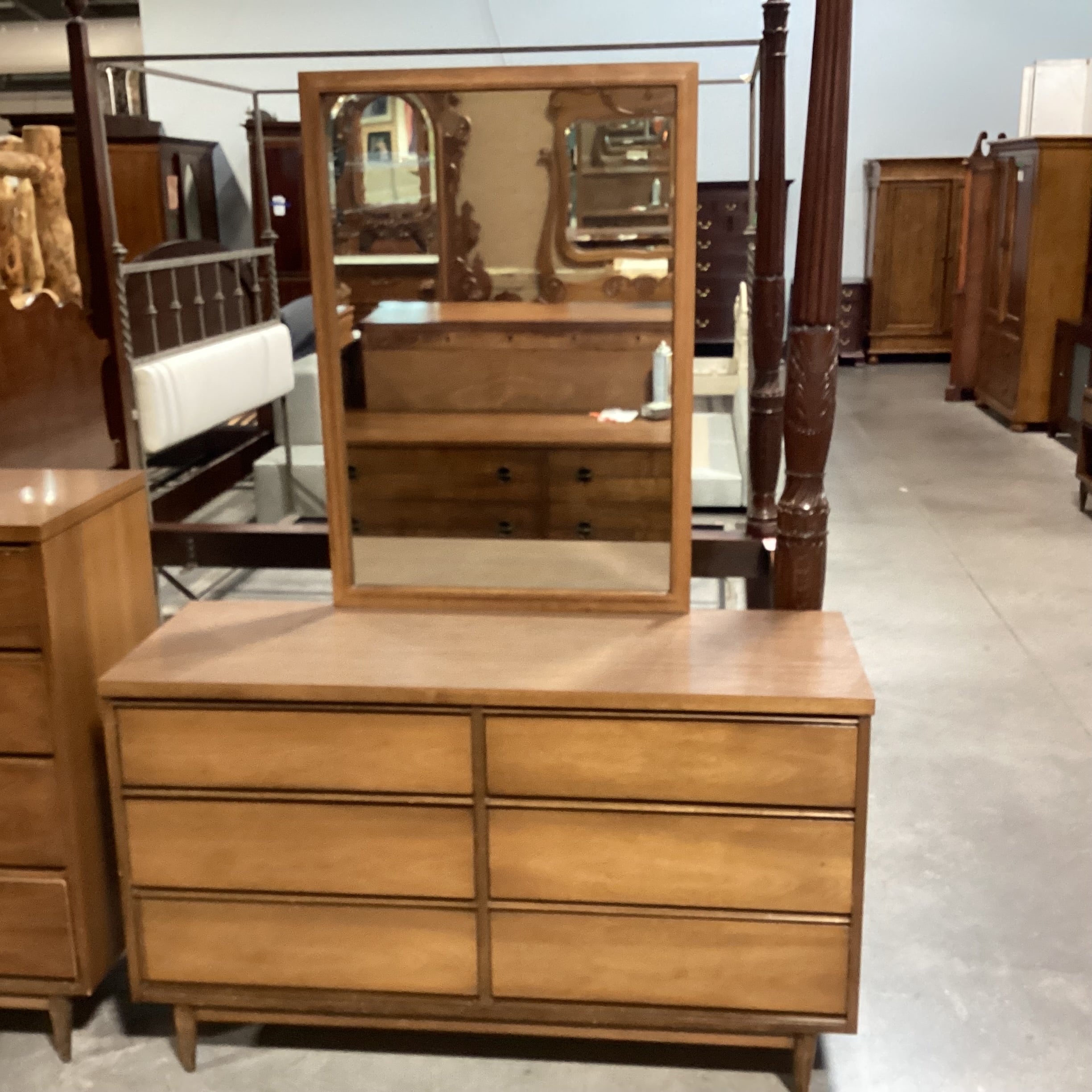 Mid Century Walnut & Veneer 6 Drawer with Mirror Dresser 52"x 18"x 72"