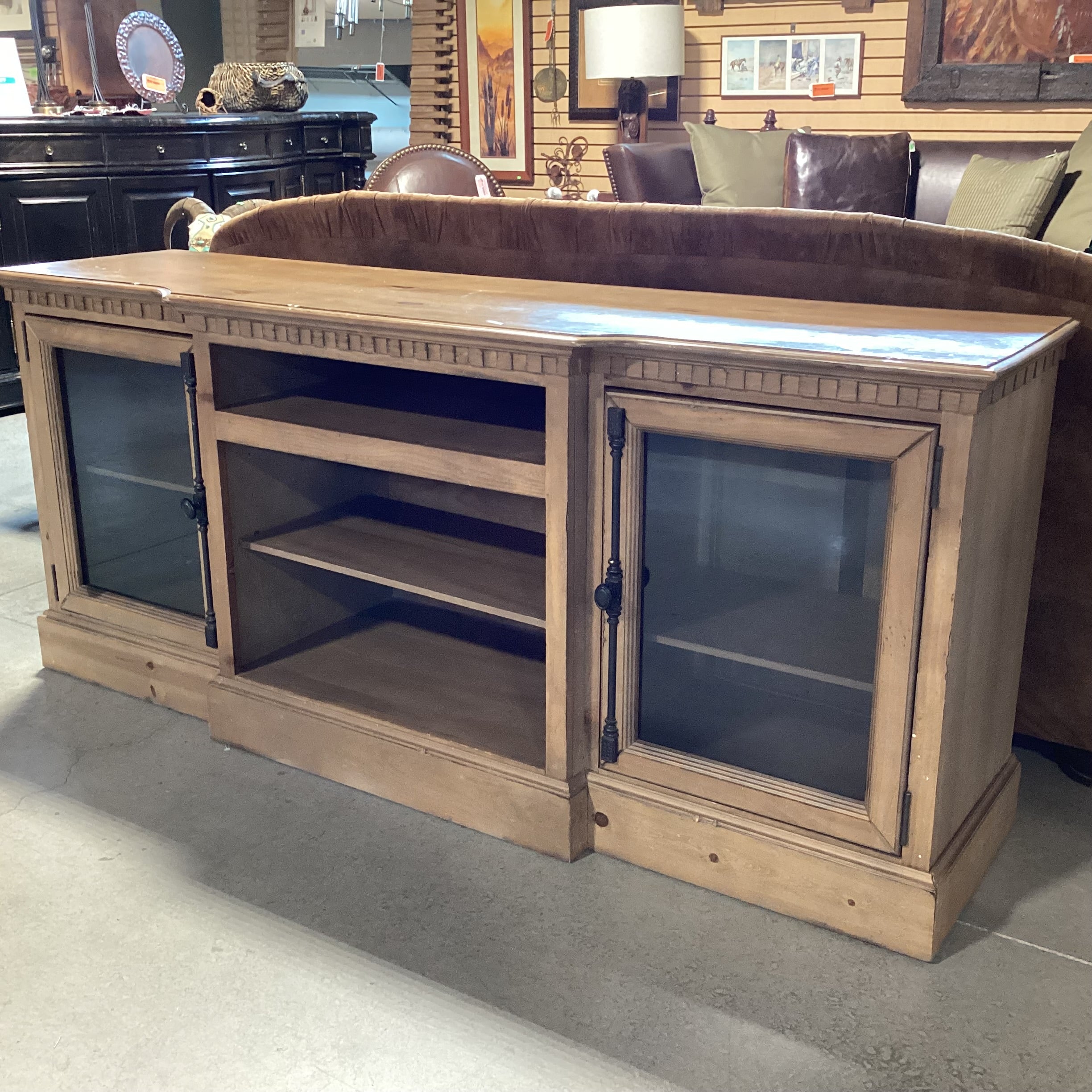 Light Greige Distressed Pine 2 Glass Door with Shelves Console Credenza 74"x 20"x 32.5"