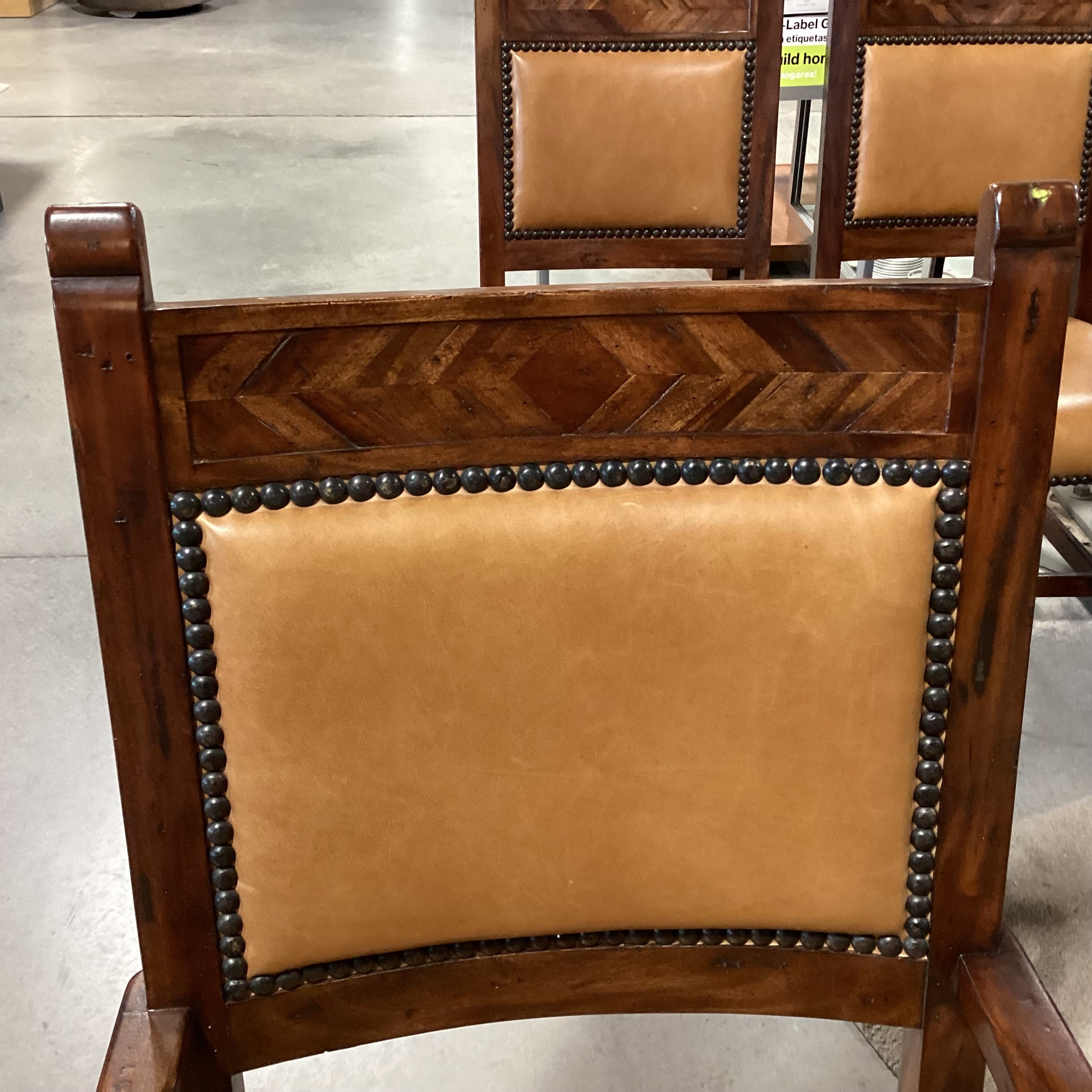 Theodore Alexander Rustic Distressed Trestle Table & 10 Leather Nailhead Carved Wood Chairs Dining Set 108"x 44"x 31"