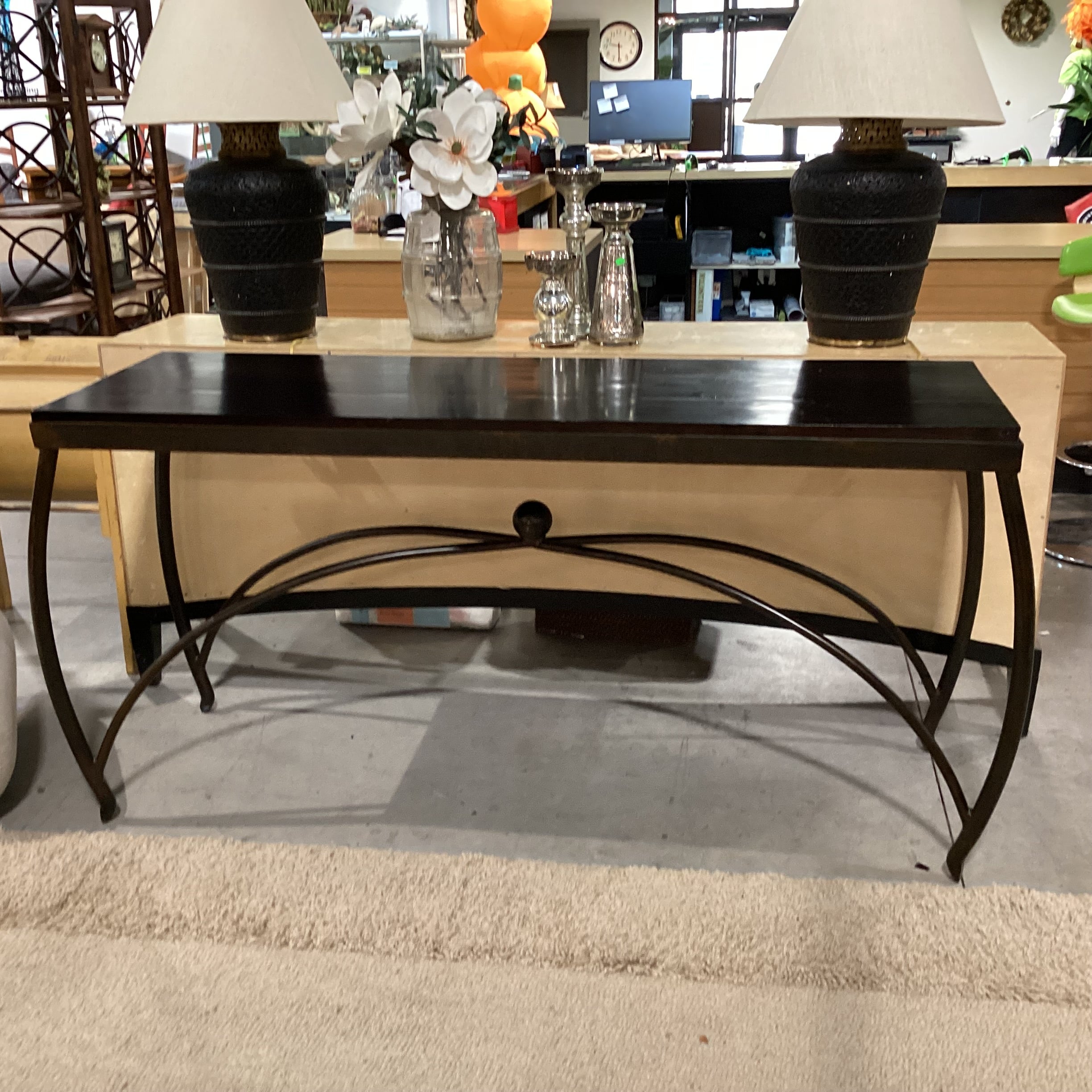 Dark Finished Wood & Iron Stretchers Trestle Accent Table 73"x 23"x 34.5"