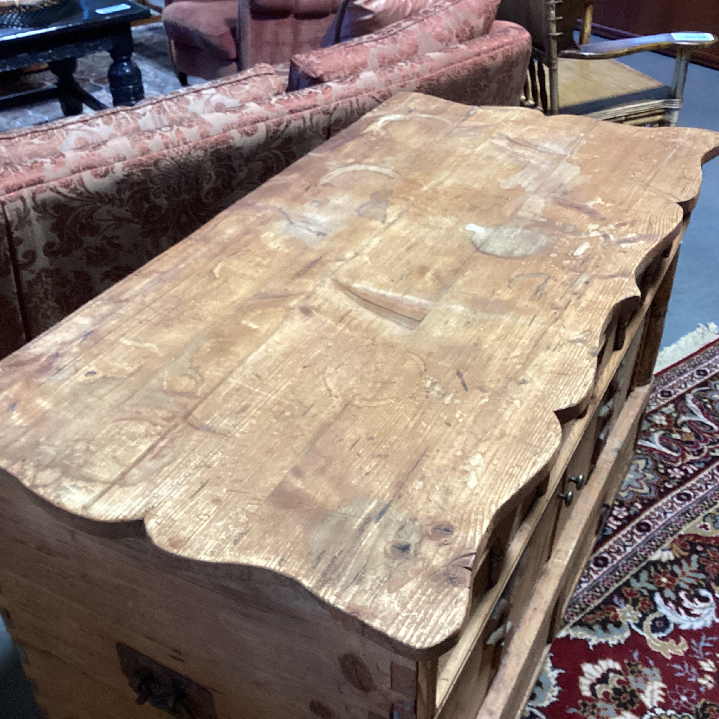 Antique Carved Pine with Repurposed Drawers Chest Trunk 52"x 28"x 33"