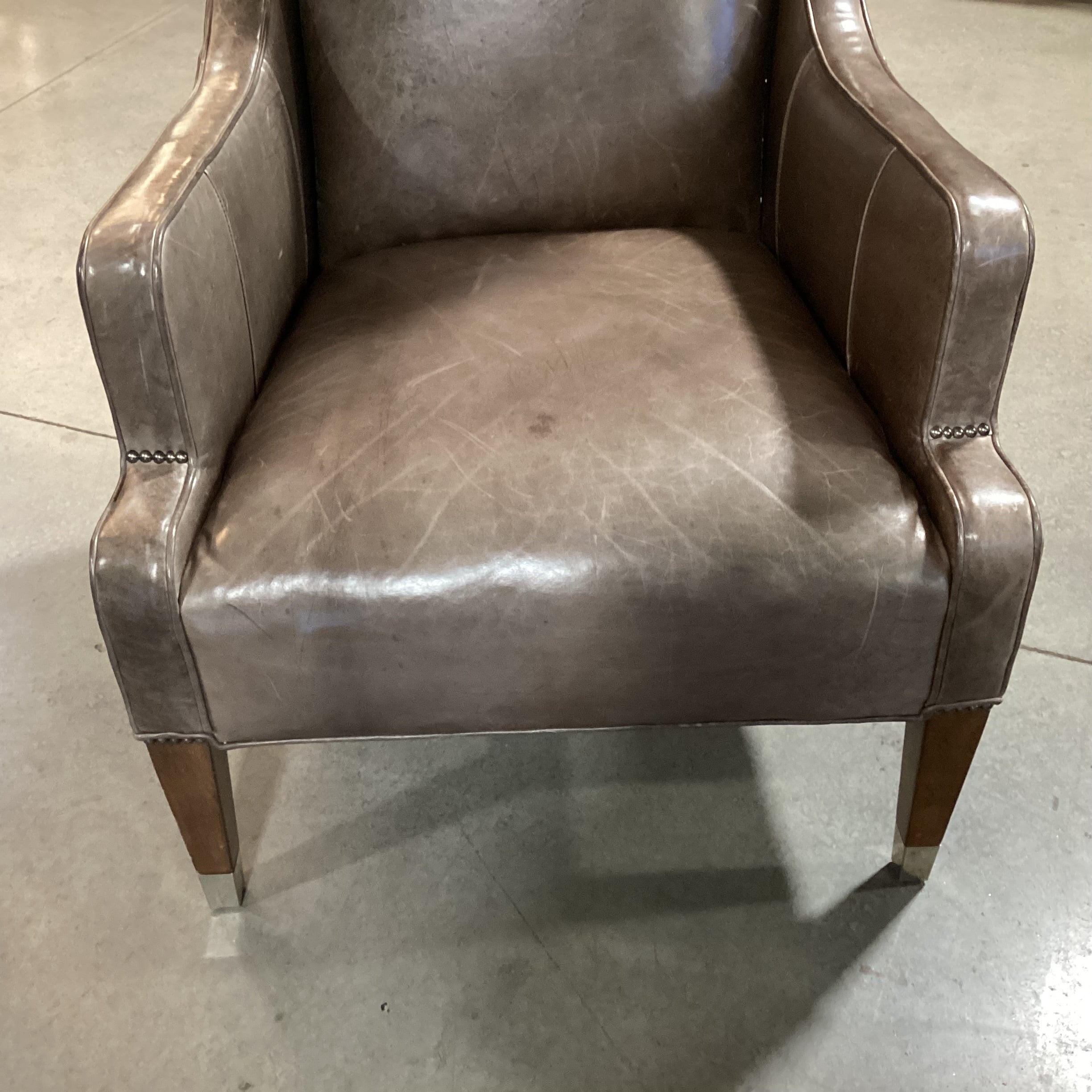 Thom Filicia Taupe Leather Nailhead Highback Wing & Slope Arm Chair 30"x 36"x 48"