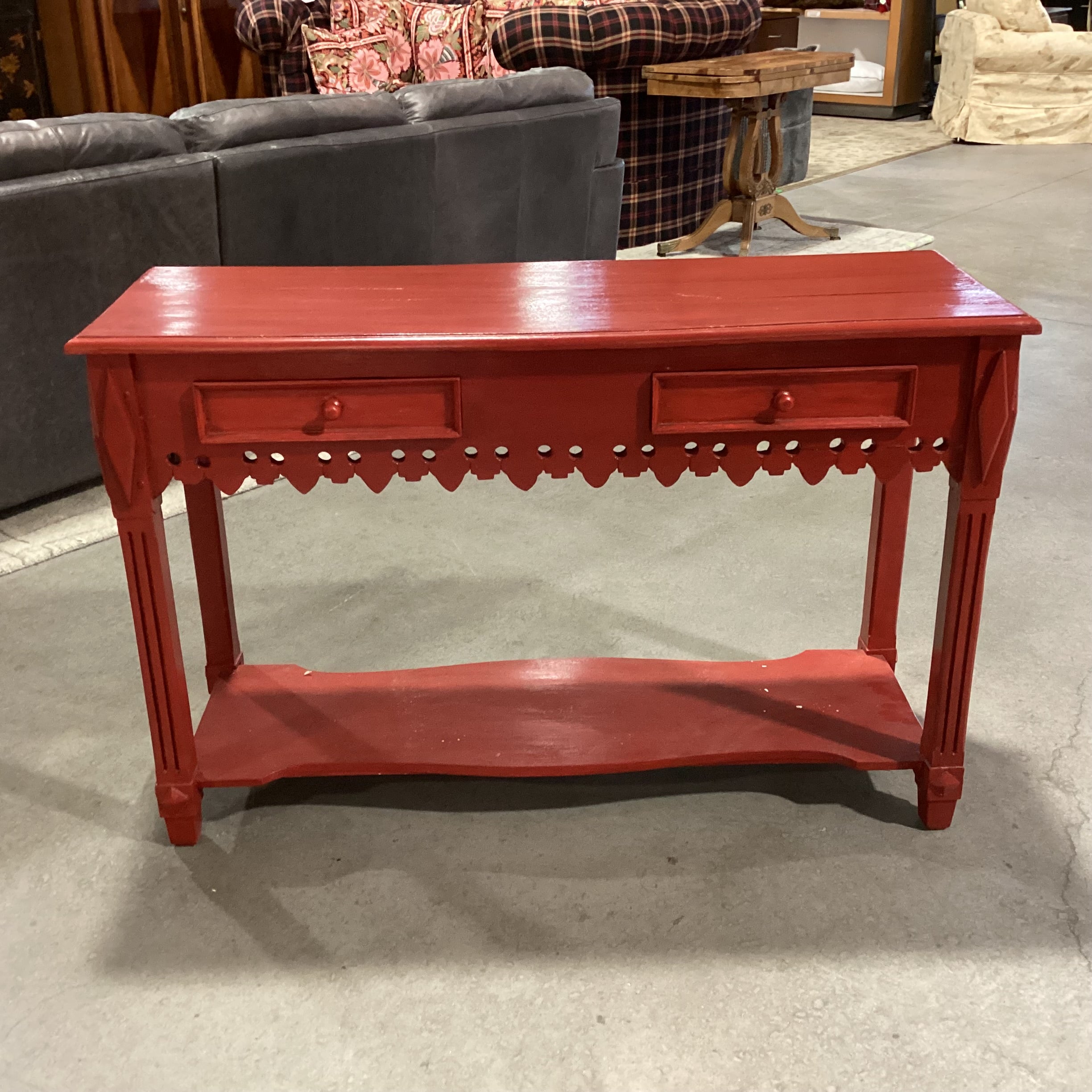 Red Finished Carved Wood 2 Drawer with Bottom Shelf Sofa Table 47"x 17"x 30"