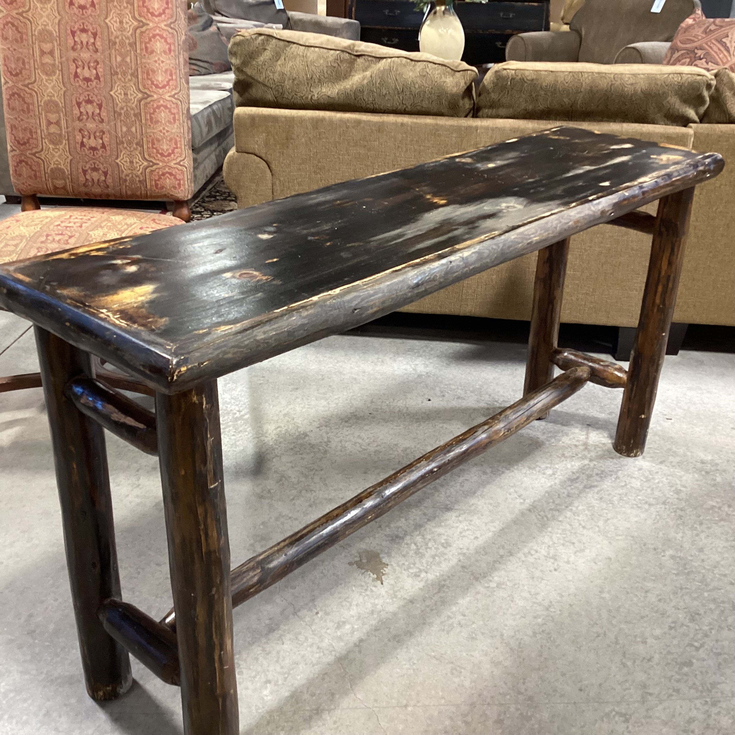 Black Distressed Rustic Finish Wood & Log Sofa Table 60"x 17"x 31"