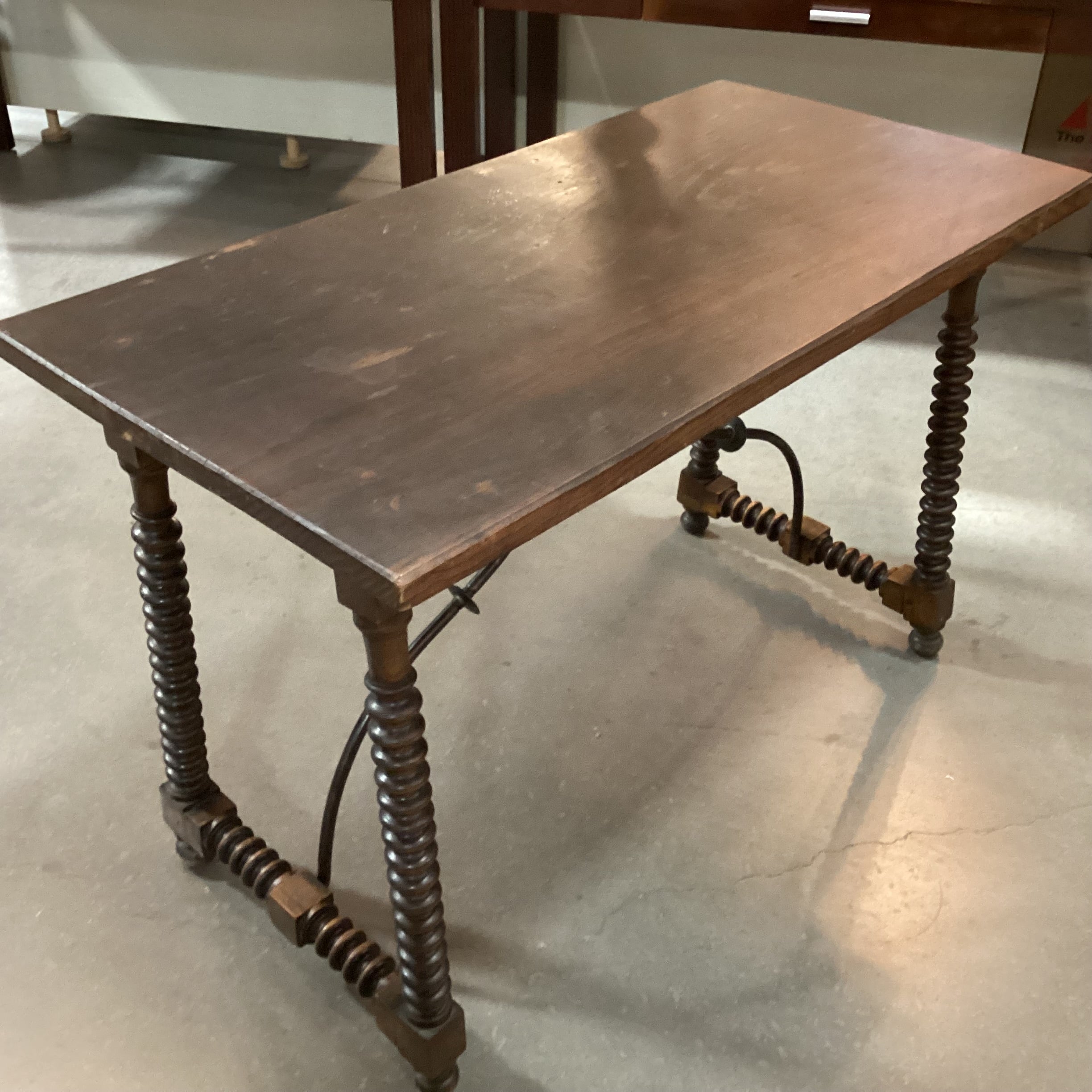 Antique Dark Finish Wood with Bobbin Turnings & Iron Stretchers Accent Table 44.5"x 22"x 28.5"
