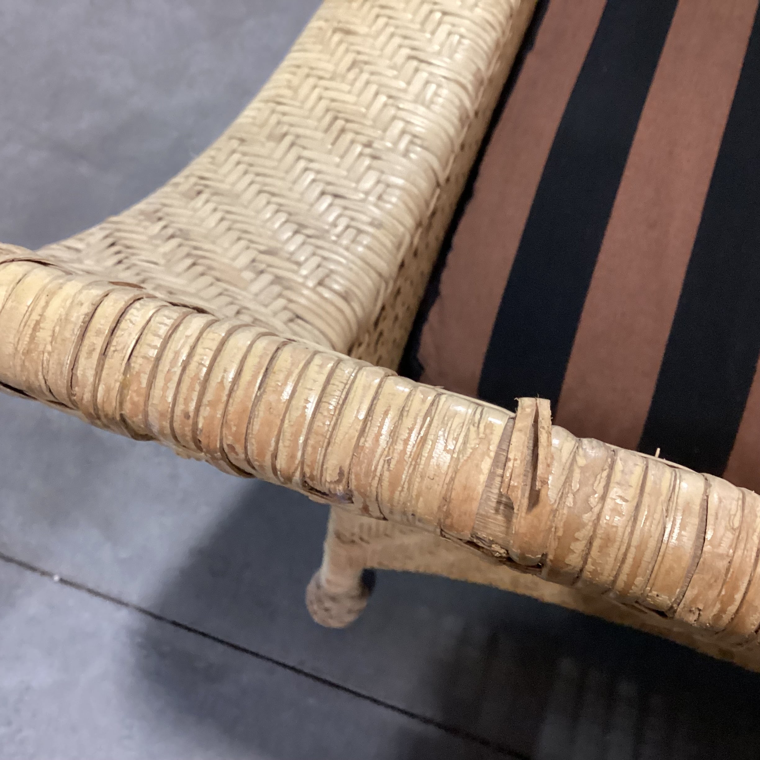 Rattan Wicker & Black & Brown Stripe Down Cushion Sofa 85"x 44"x 33"