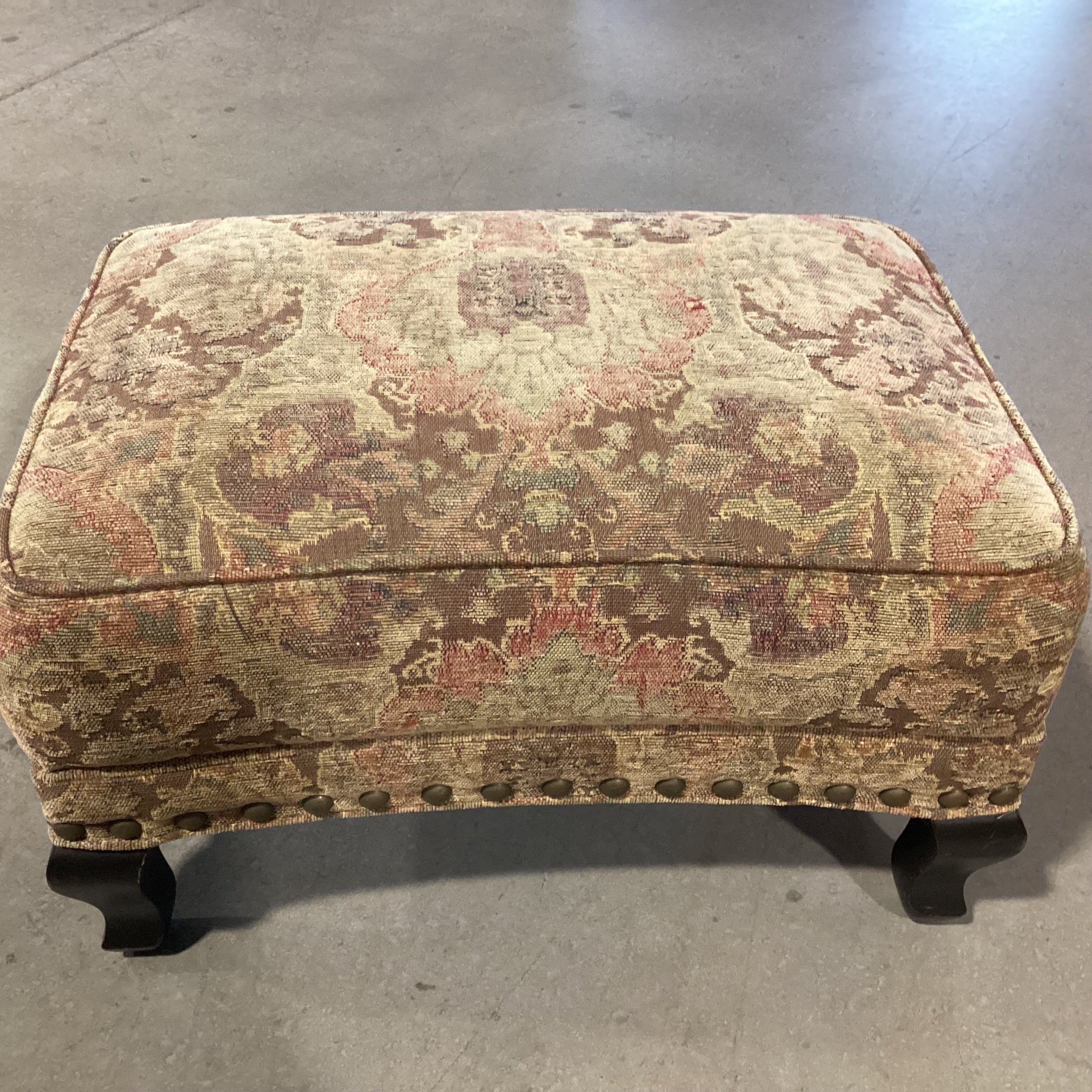 Arhaus Brown & Sage Chenille Woven with Nailhead Ottoman 28"x 20"x 15"
