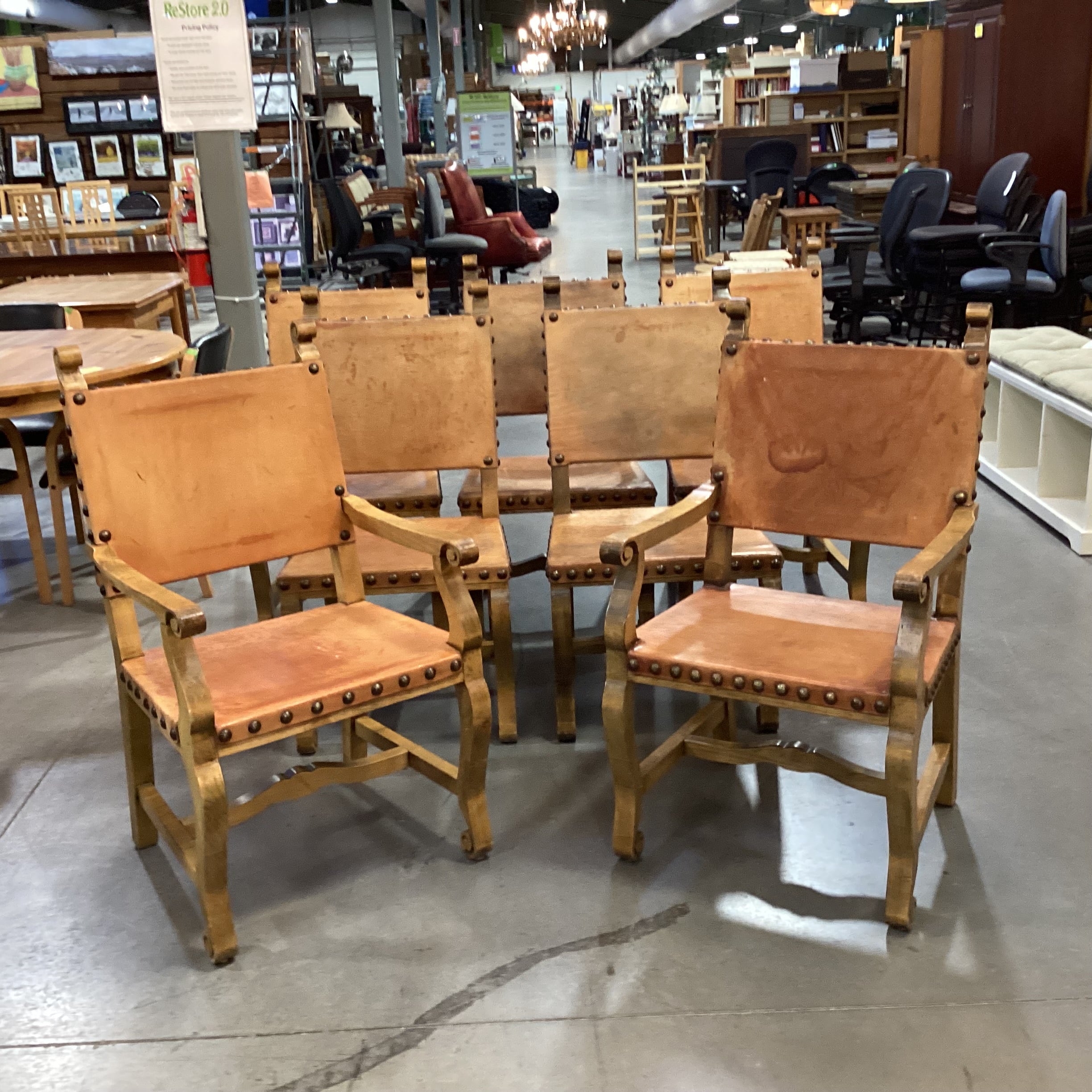 Set of 7 Carved Wood & Leather Nail Head Rustic Dining Chairs 23"x 24"x 41"