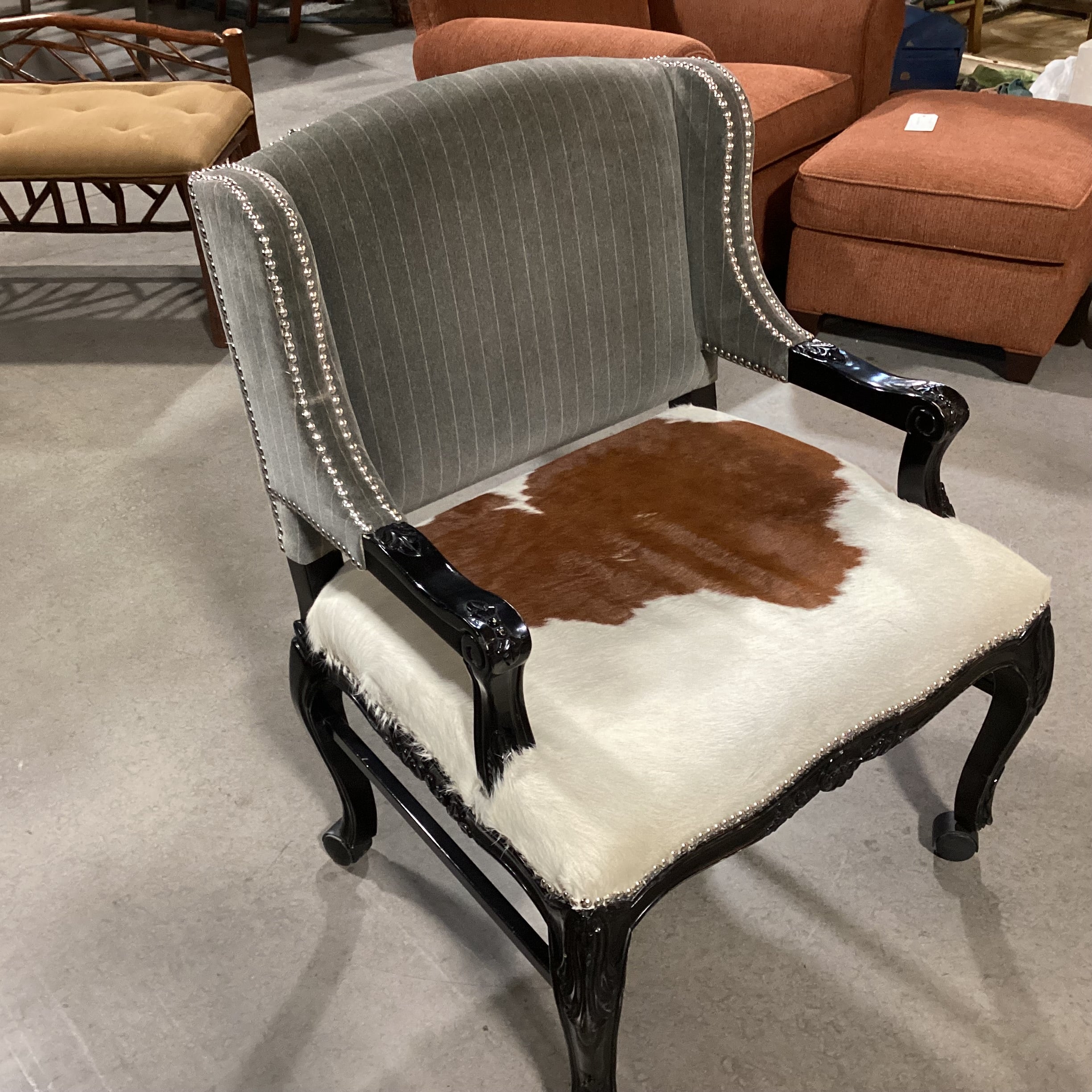 Carved Wood Cowhide & Grey Velvet Nailhead on Casters Chair 28"x 25"x 37"