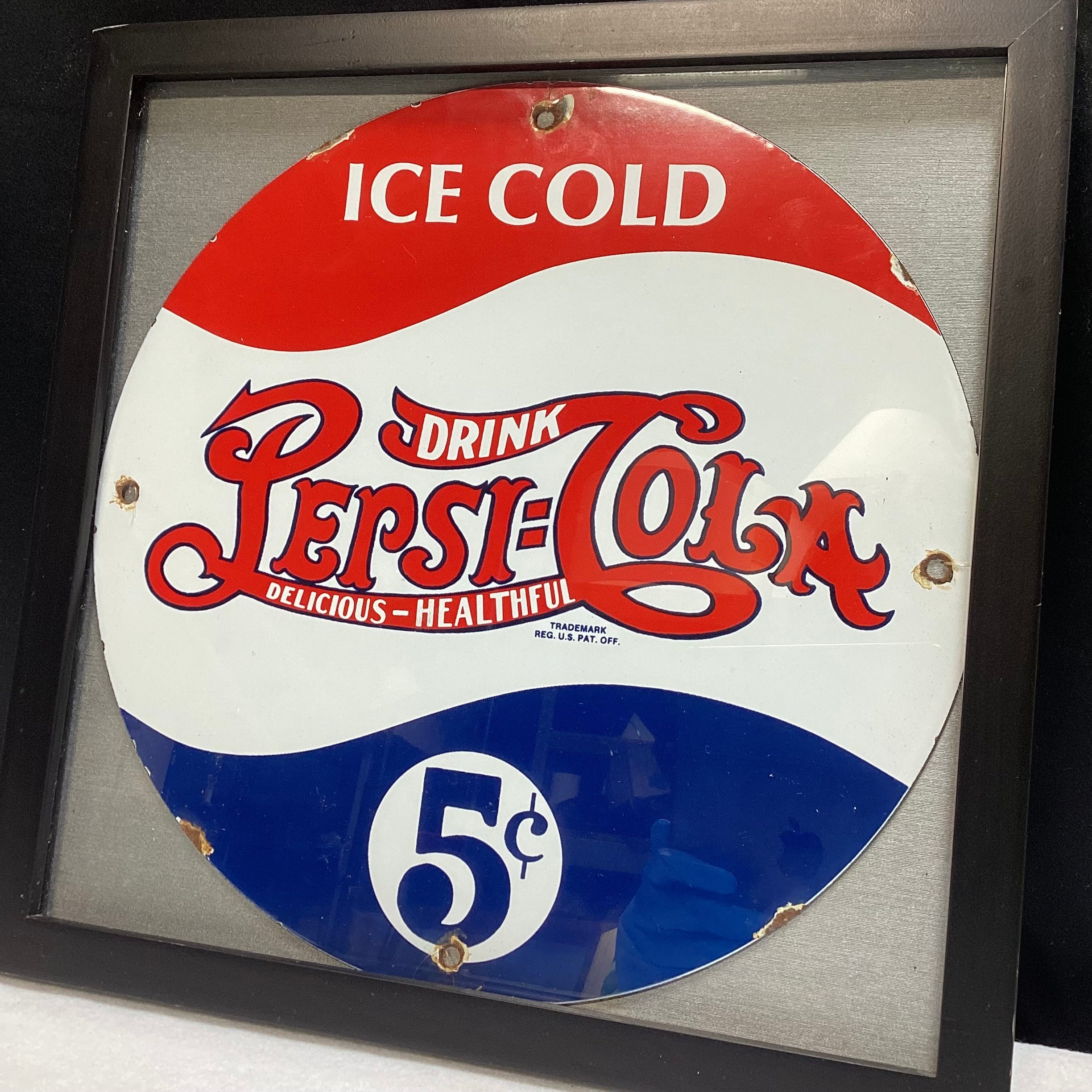 Vintage Pepsi-Cola Sign In Black Frame 13" x 13"
