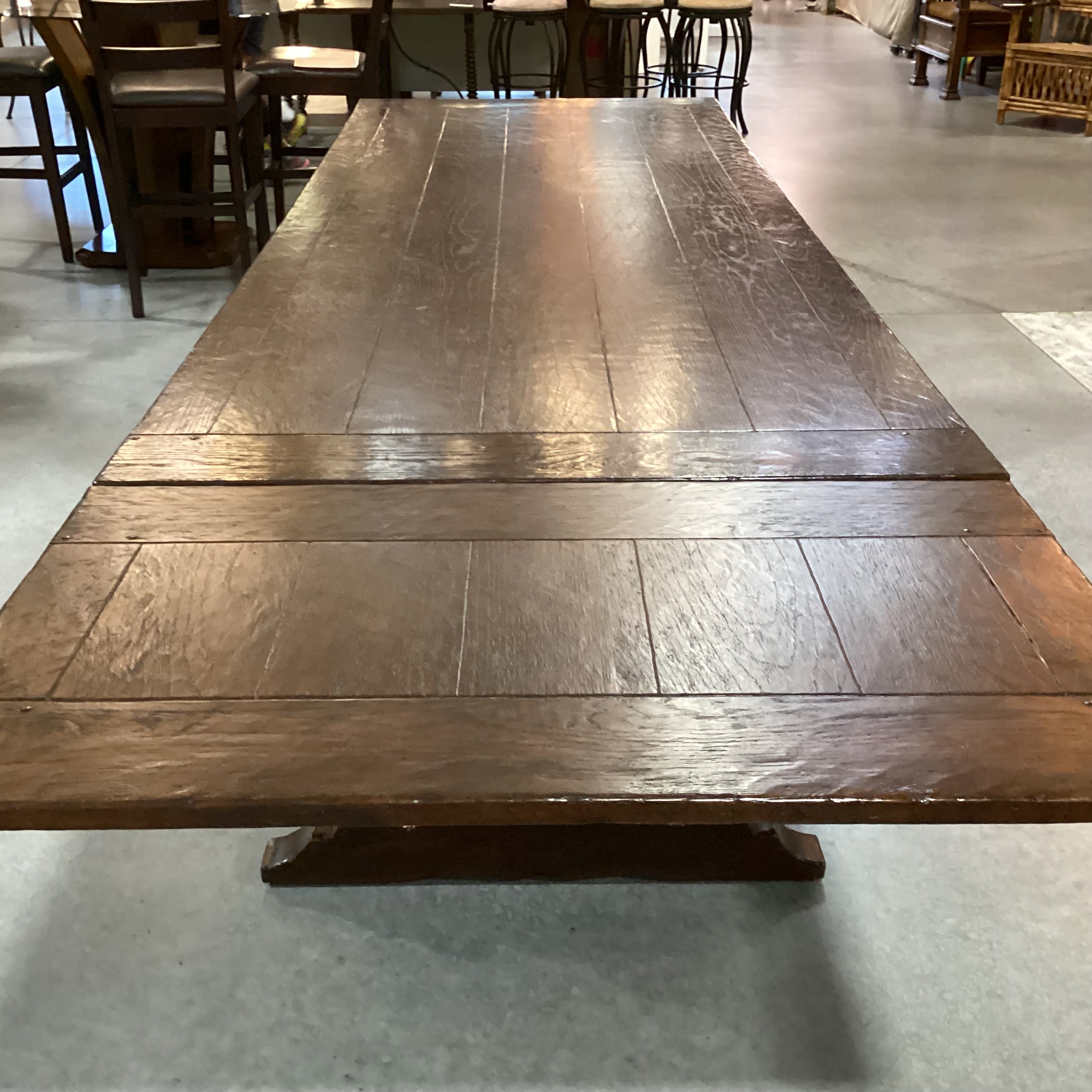 Antique Dark Finish Wood with End Extend Leaves & Trestle Dining Table 108" to 155"x 42"x 30.5"