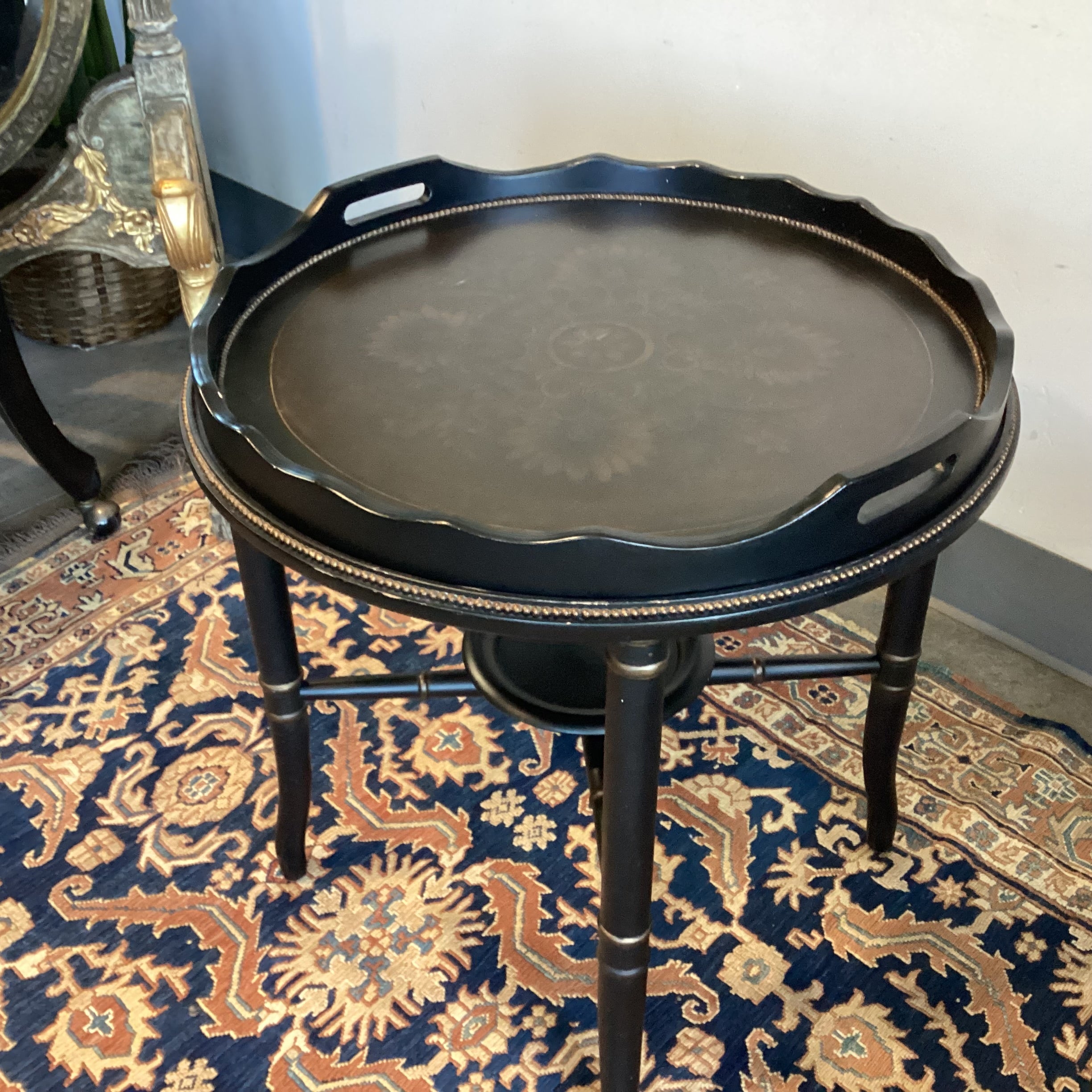 Black Distressed Wood with Ornate Trestle & Metal Beading Detail Round Tray Top Accent Table 26" Diameter x 26.5"