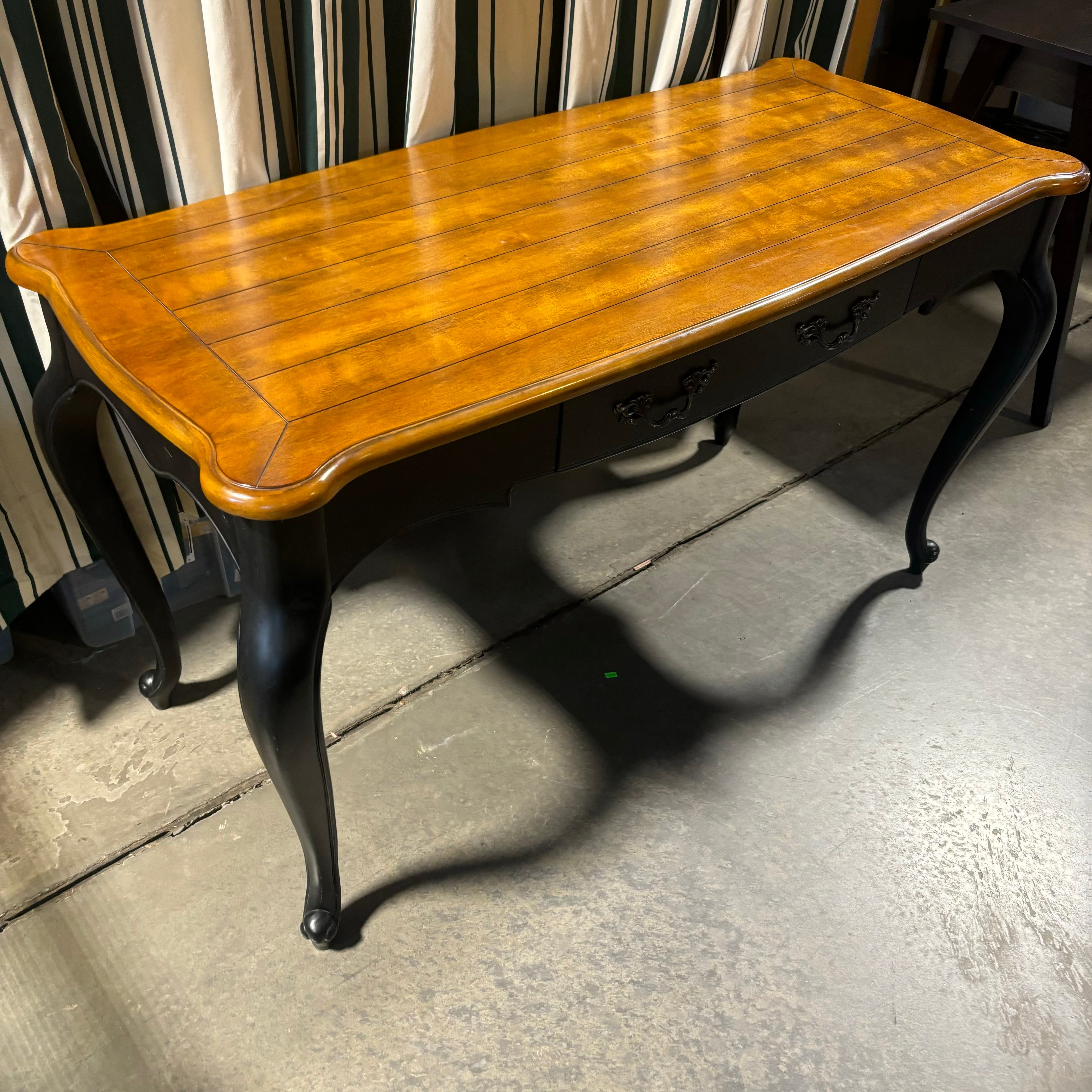 Glossy Medium Finish Wood Top & Black Carved Wood Base Louis XV Style 1 Drawer Desk 54"x 24"x 31.5"