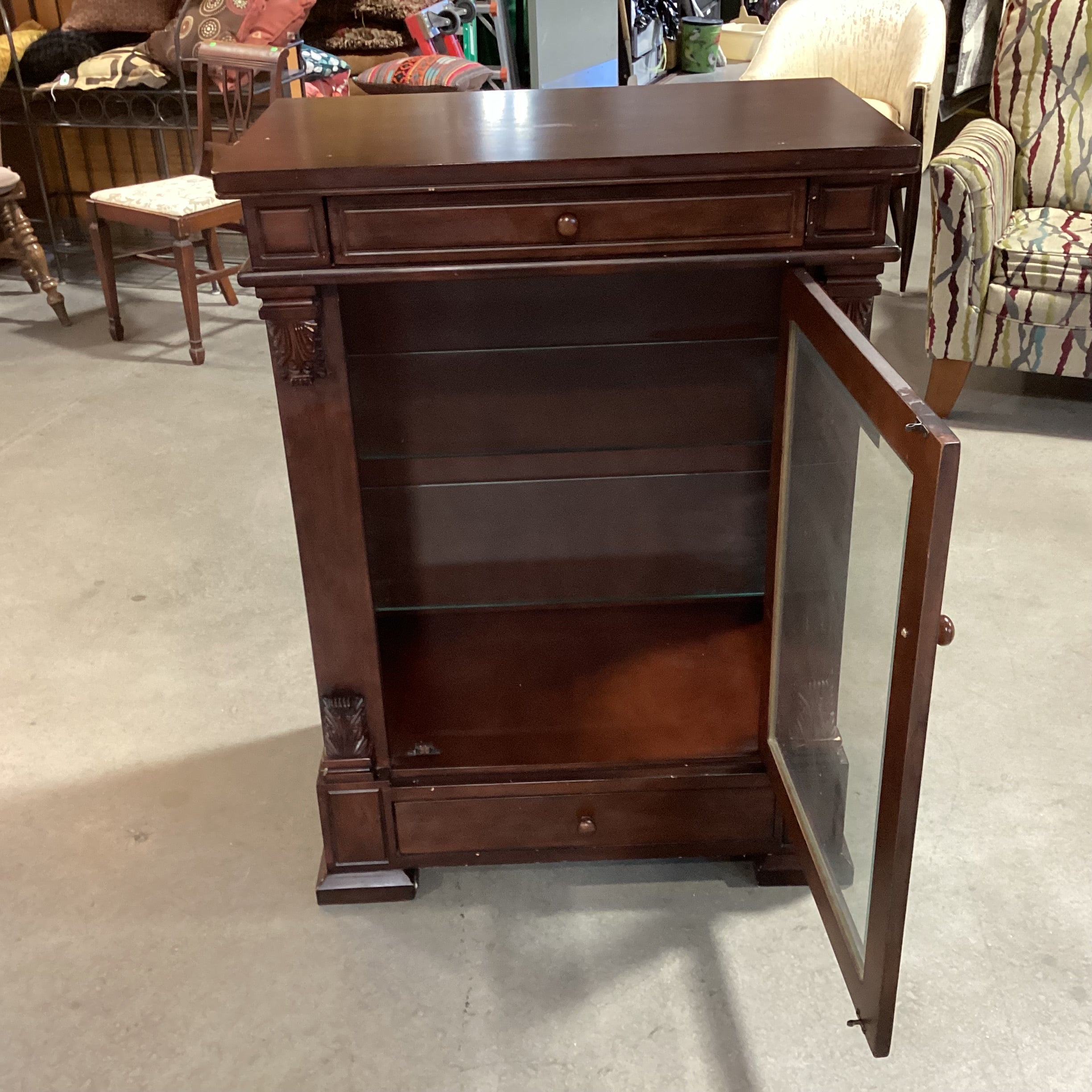 Dark Finish Carved & Glass 2 Drawer & Shelves Display Cabinet Bookcase