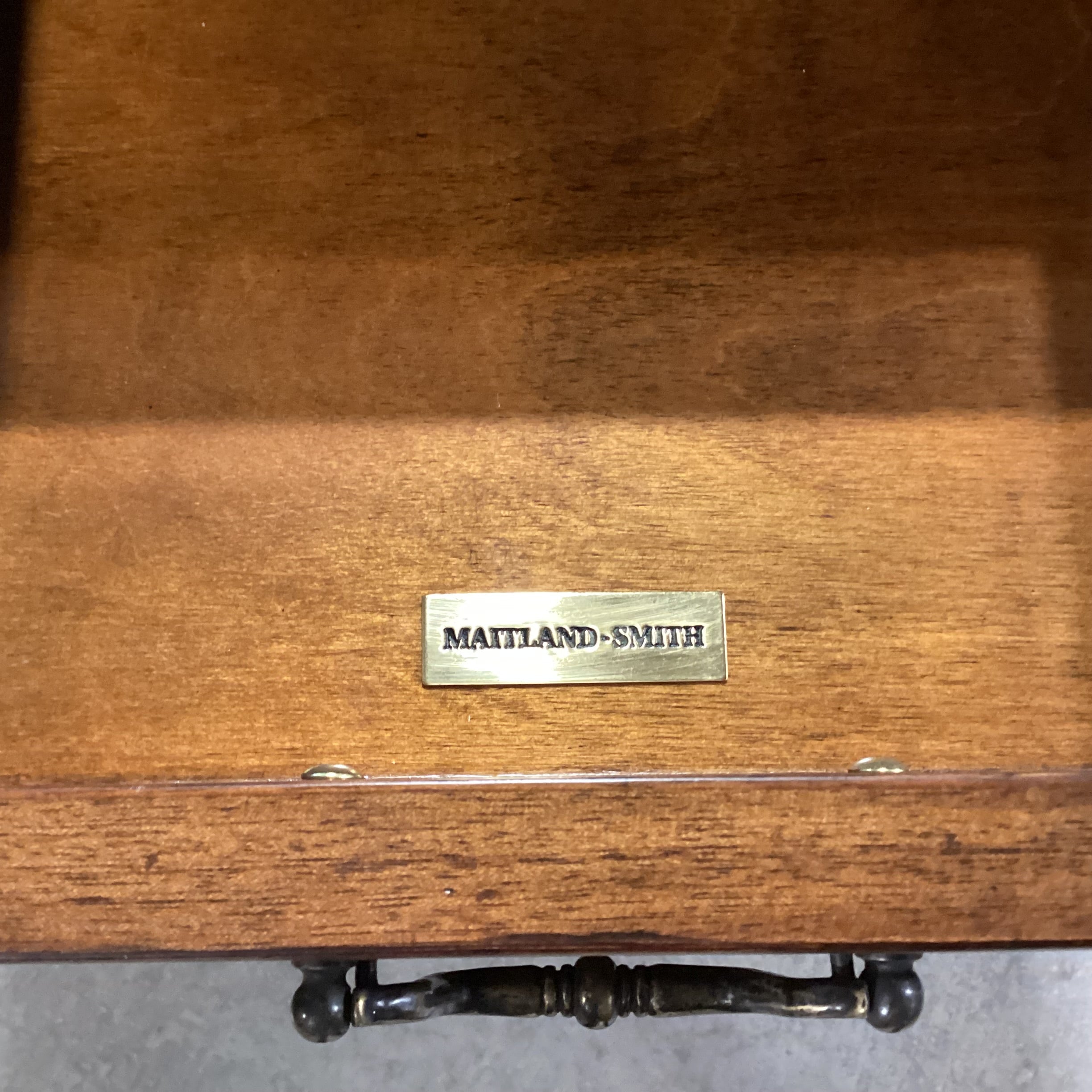 Maitland Smith Ornate Carved Spiral Leg & Trestle with Inlay & Drawer Accent Table 24.5x 20.5x 28.5"