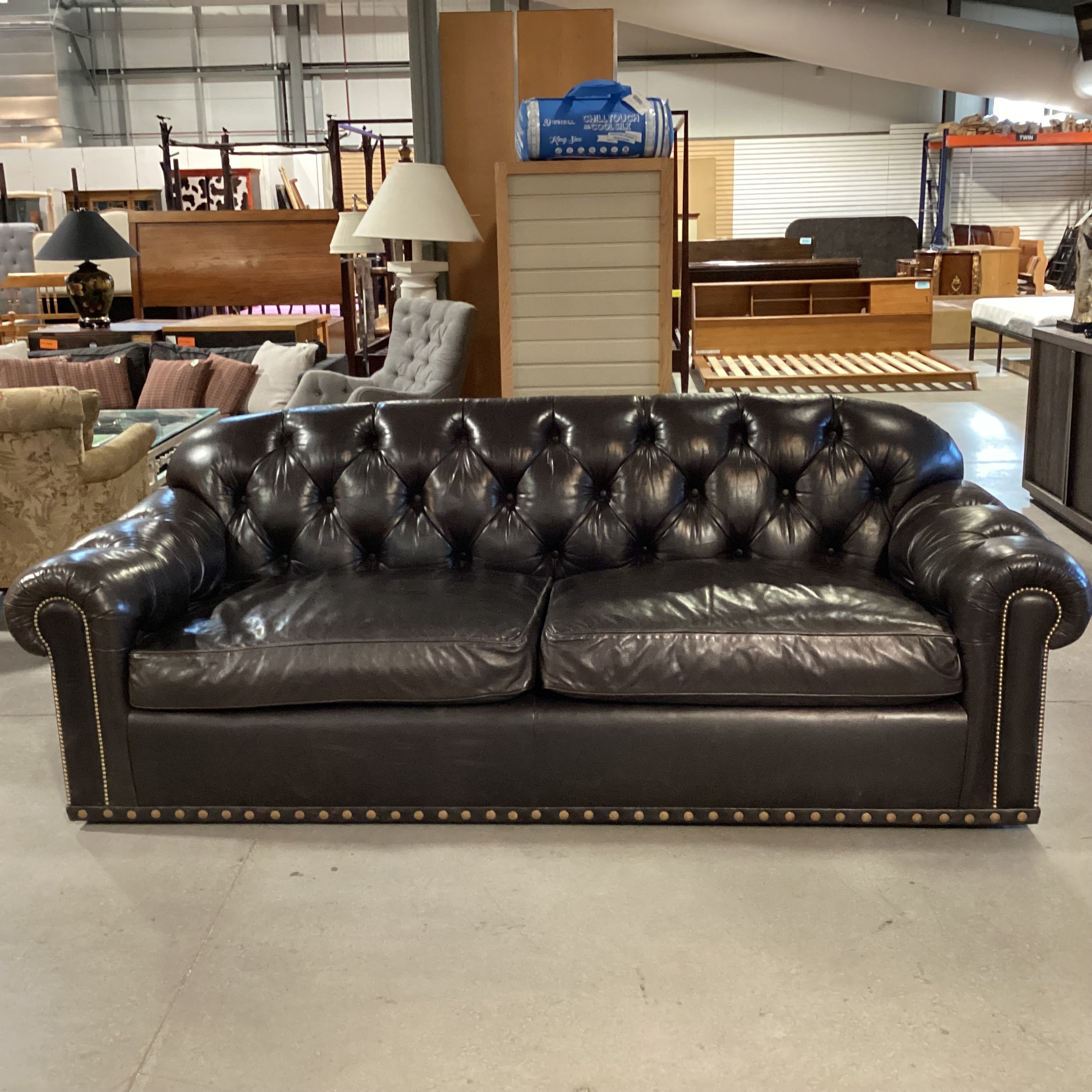 JJ Custom Dark Espresso Leather Tufted Down Mix with Nailhead Detail Sofa 98"x 40"x 36"