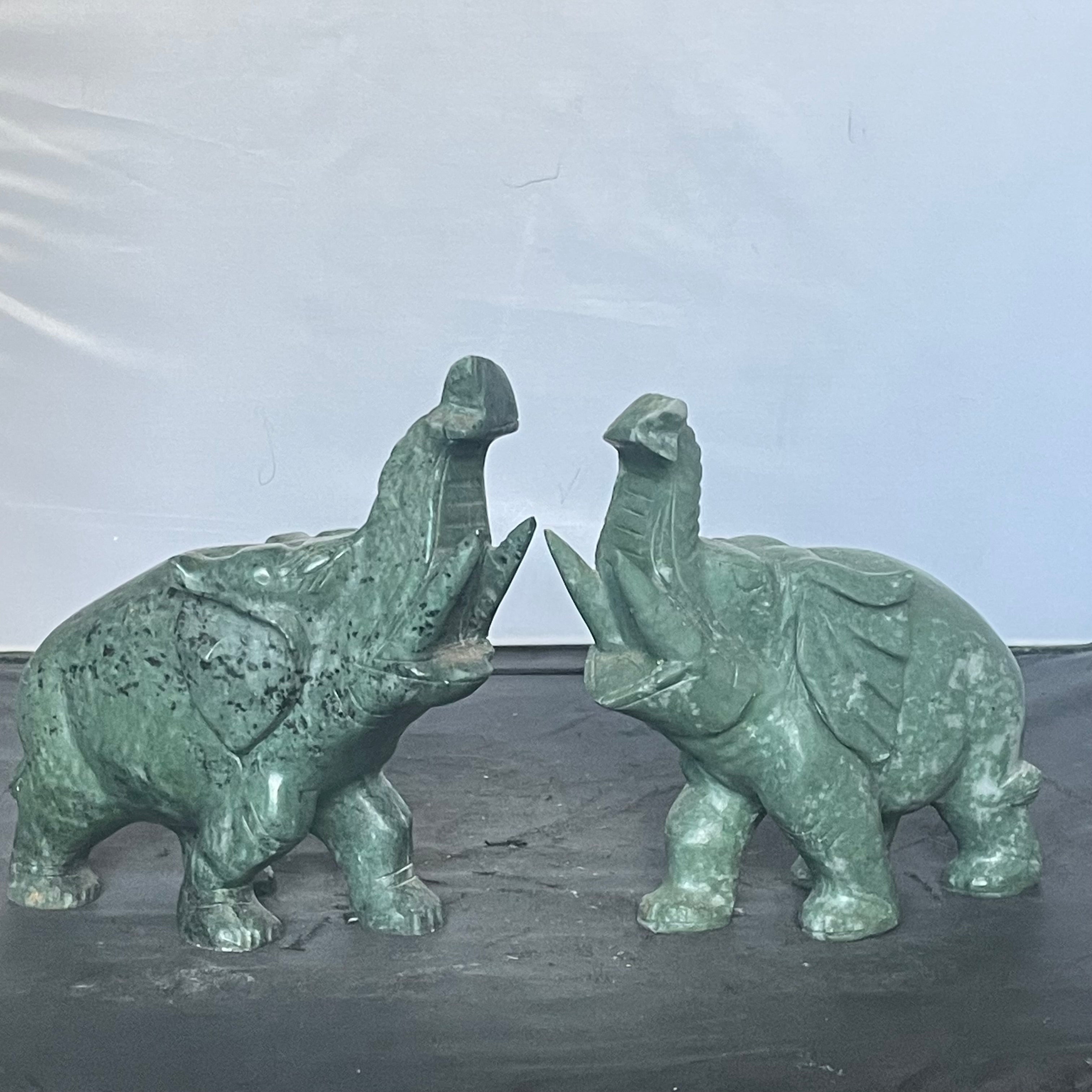Hand Carved Spinach Jade or Verdite Elephant Figurines, Pair