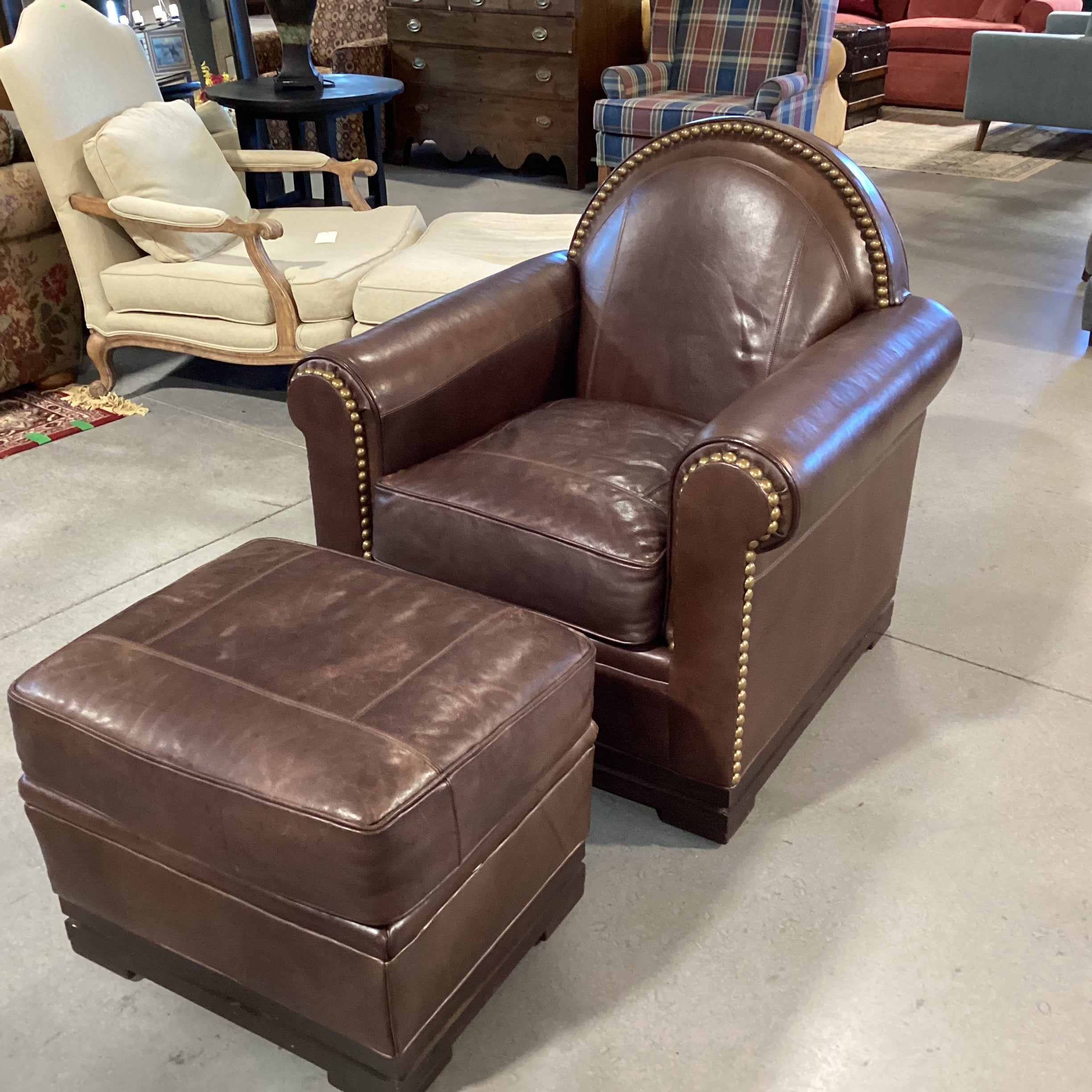 Mulholland Brothers Home Collection by Eric Brand Art Deco Style Leather Nailhead with Ottoman Club Chair 36"x 35"x 37.5"