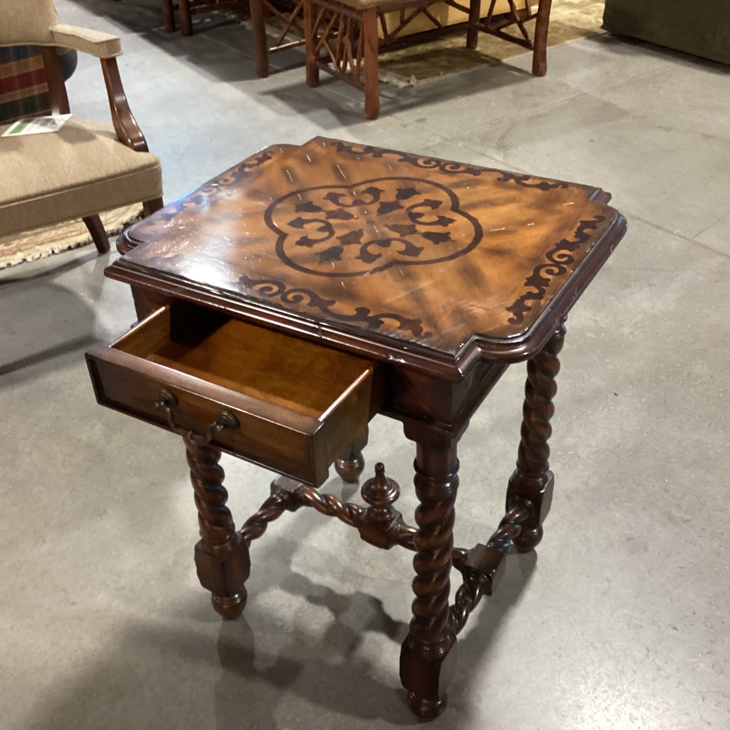 Maitland Smith Ornate Carved Spiral Leg & Trestle with Inlay & Drawer Accent Table 24.5x 20.5x 28.5"