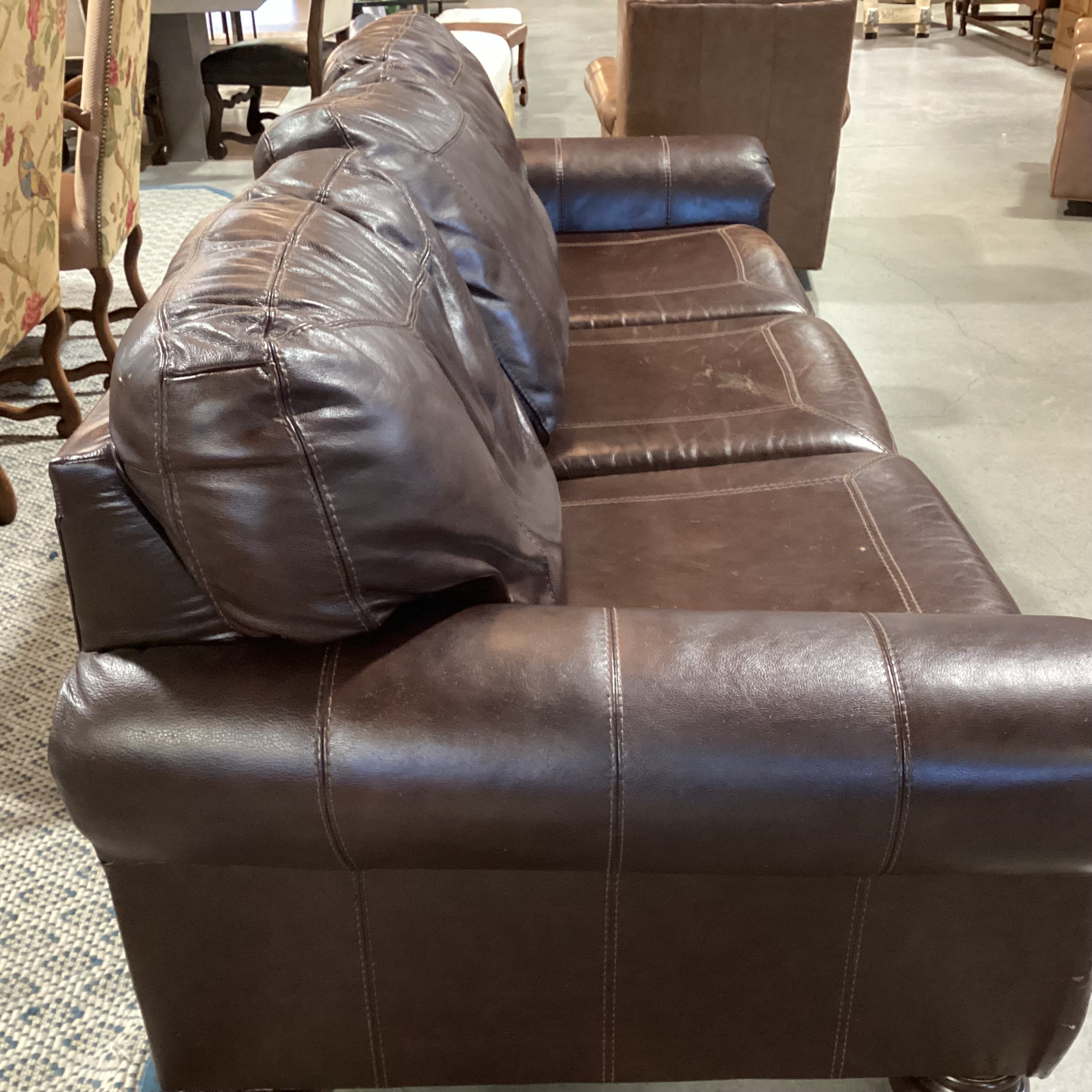 Ashley Furniture Dark Brown Leather Nailhead Roll Arm Sofa 99"x 41"x 38"