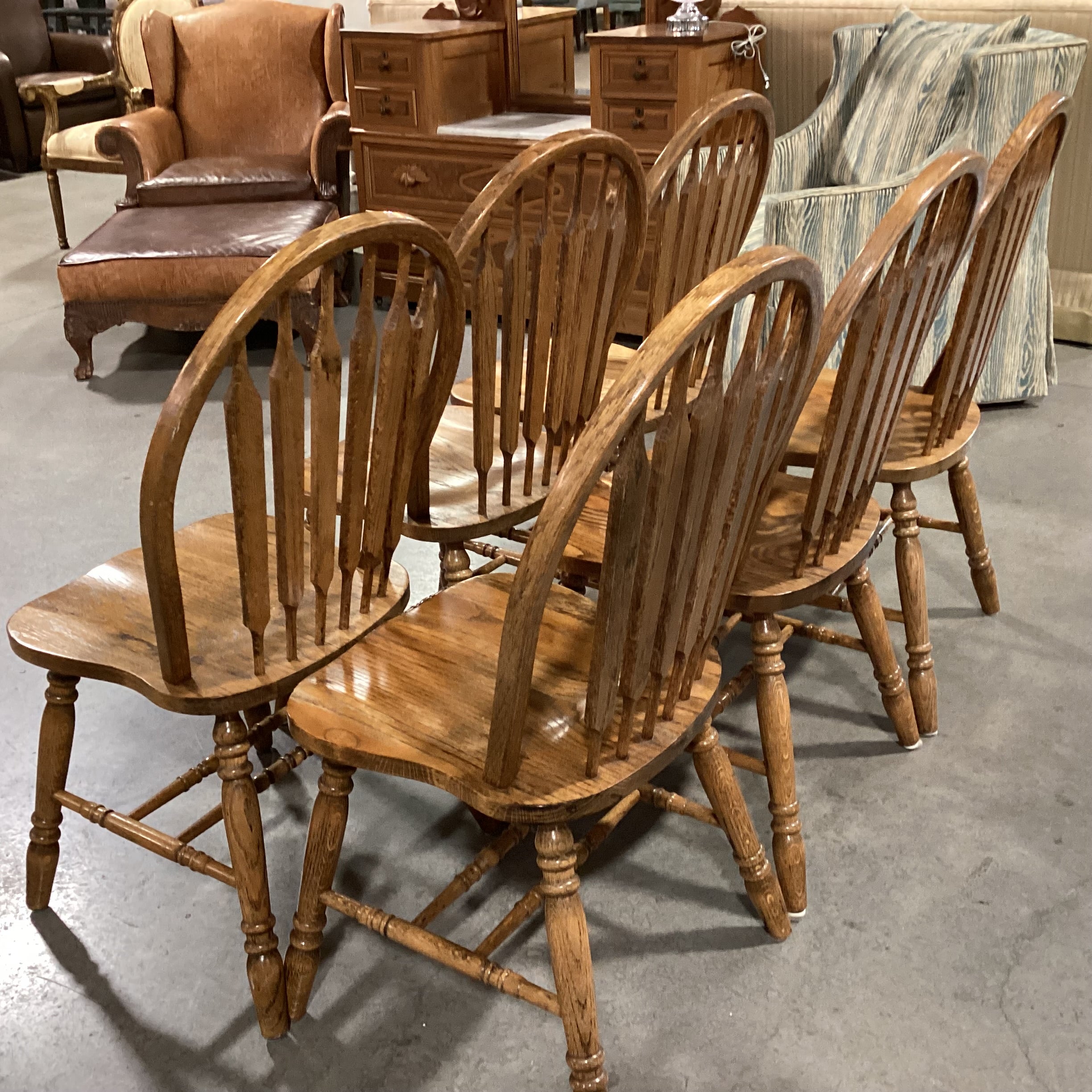 SET of 6 Solid Oak Arched Slat Back Dining Chairs 18"x 18"x 38"