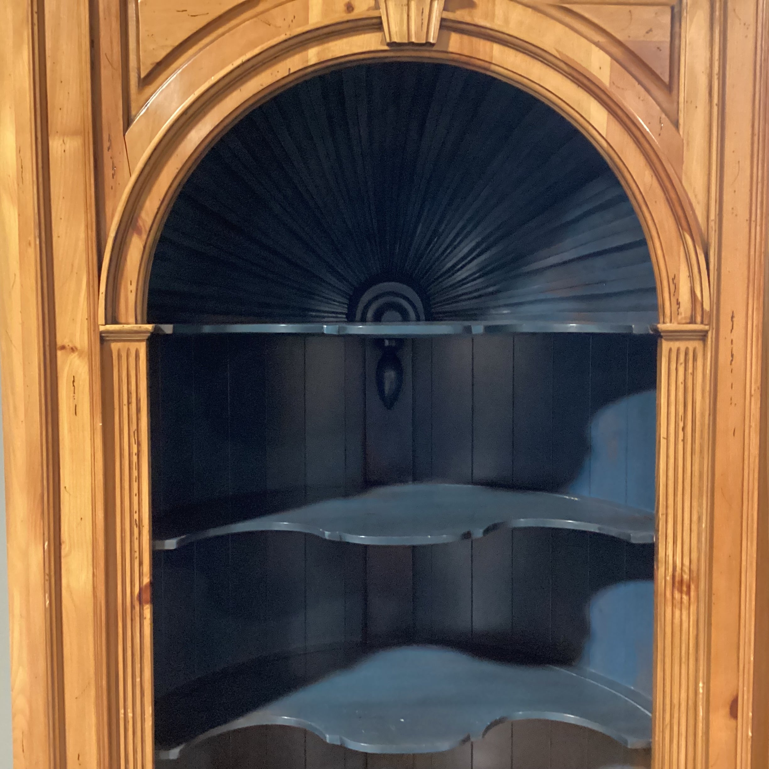 2 Tone Distressed Natural & Teal with Carved Arch Shelves 2 Door Corner Display Armoire 48"x 30"x 88"