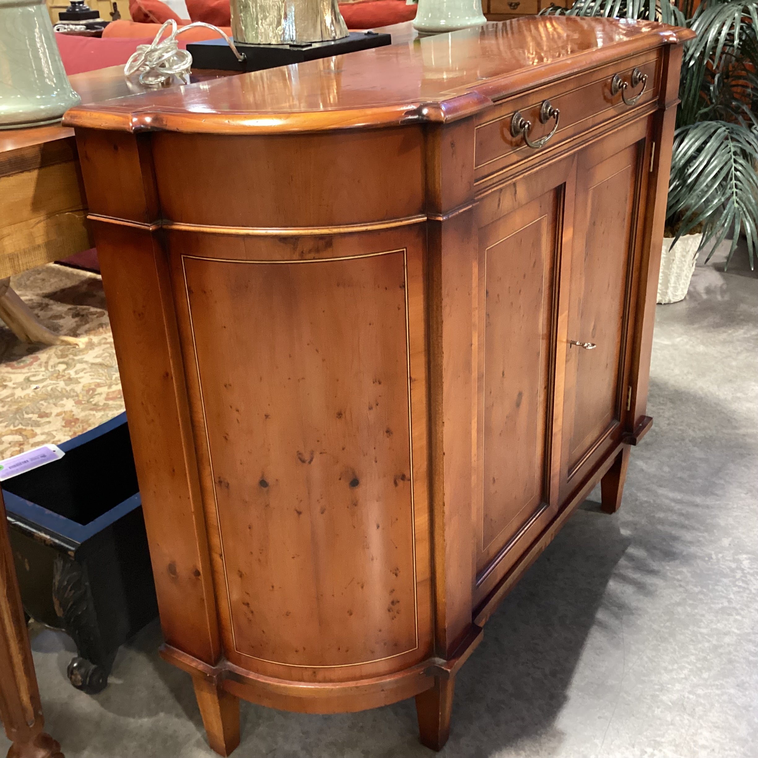 Antique Inspired Bow Front Burl or Birdseye Veneer & Decorative Inlay Lines 2 Door with Drawer Console 48"x 15.5"x 38.5"