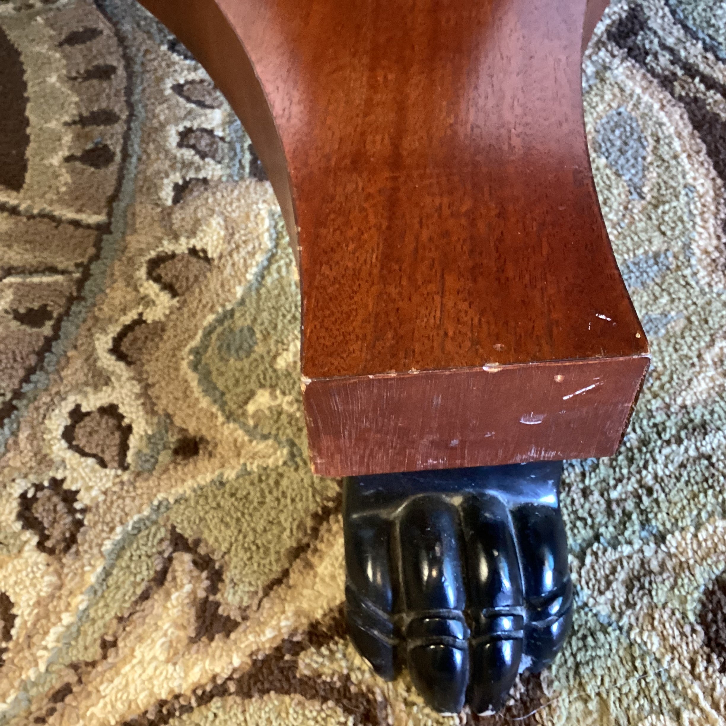 Ralph Lauren Round Black Marble Mahogany Pedestal with Carved Paw Feet Foyer Accent Table 38.5" Diameter x 28"