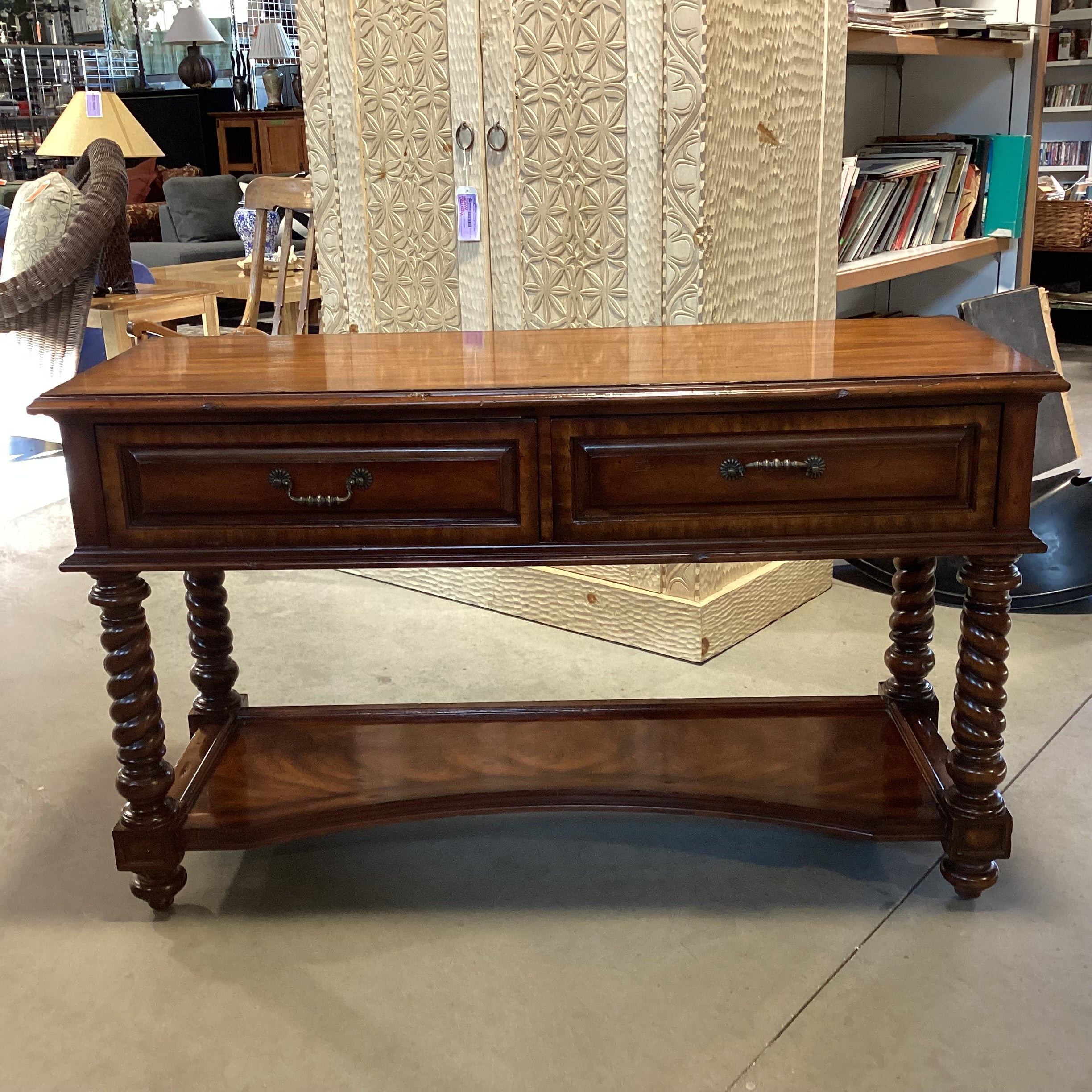 Maitland Smith Ornate Carved Wood 2 Drawer Console Sofa Table 55"x 20"x 33"