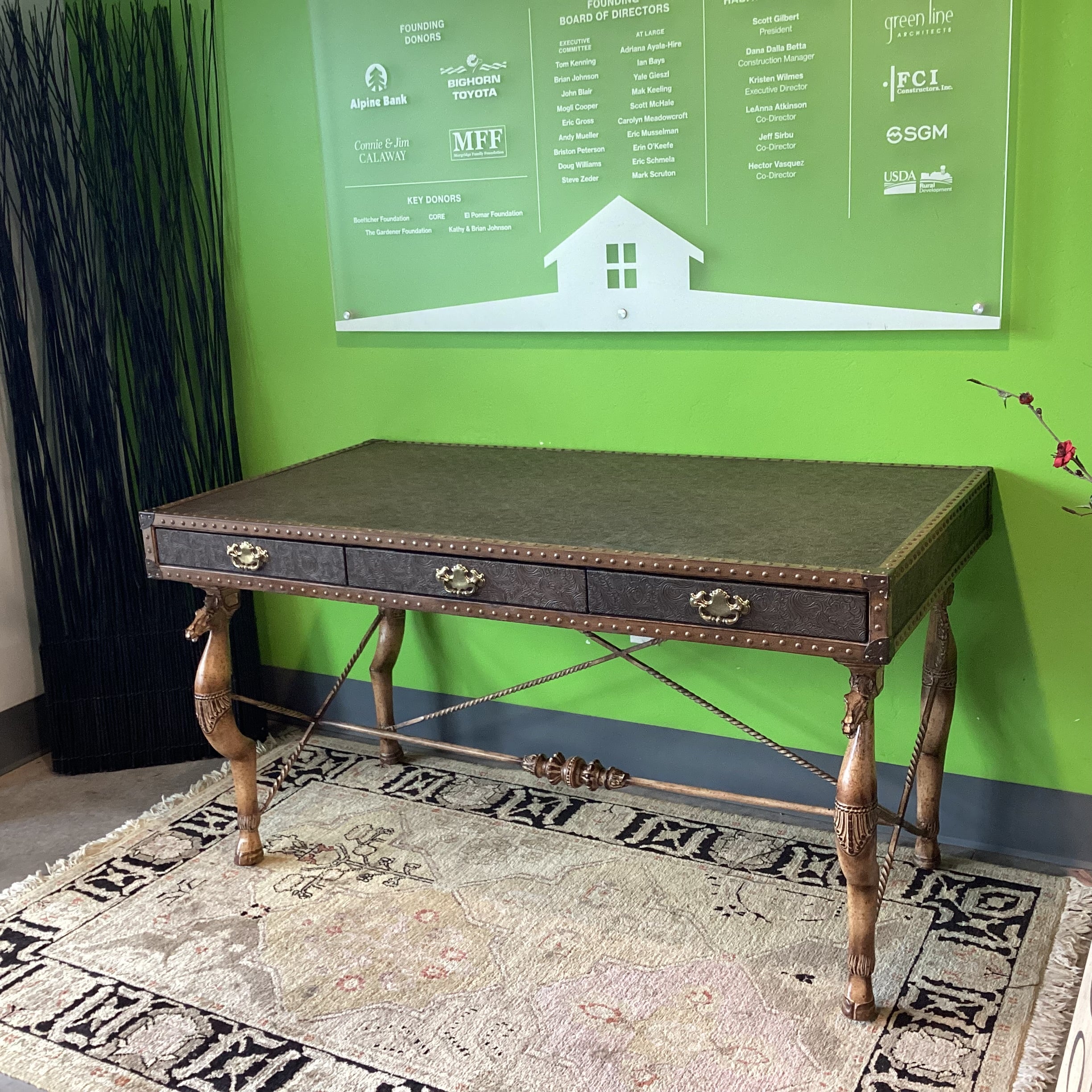 Maitland Smith Carved Horse Iron & Embossed Leather Nailhead 3 Drawer Desk 57.5"x 30.5"x 32"