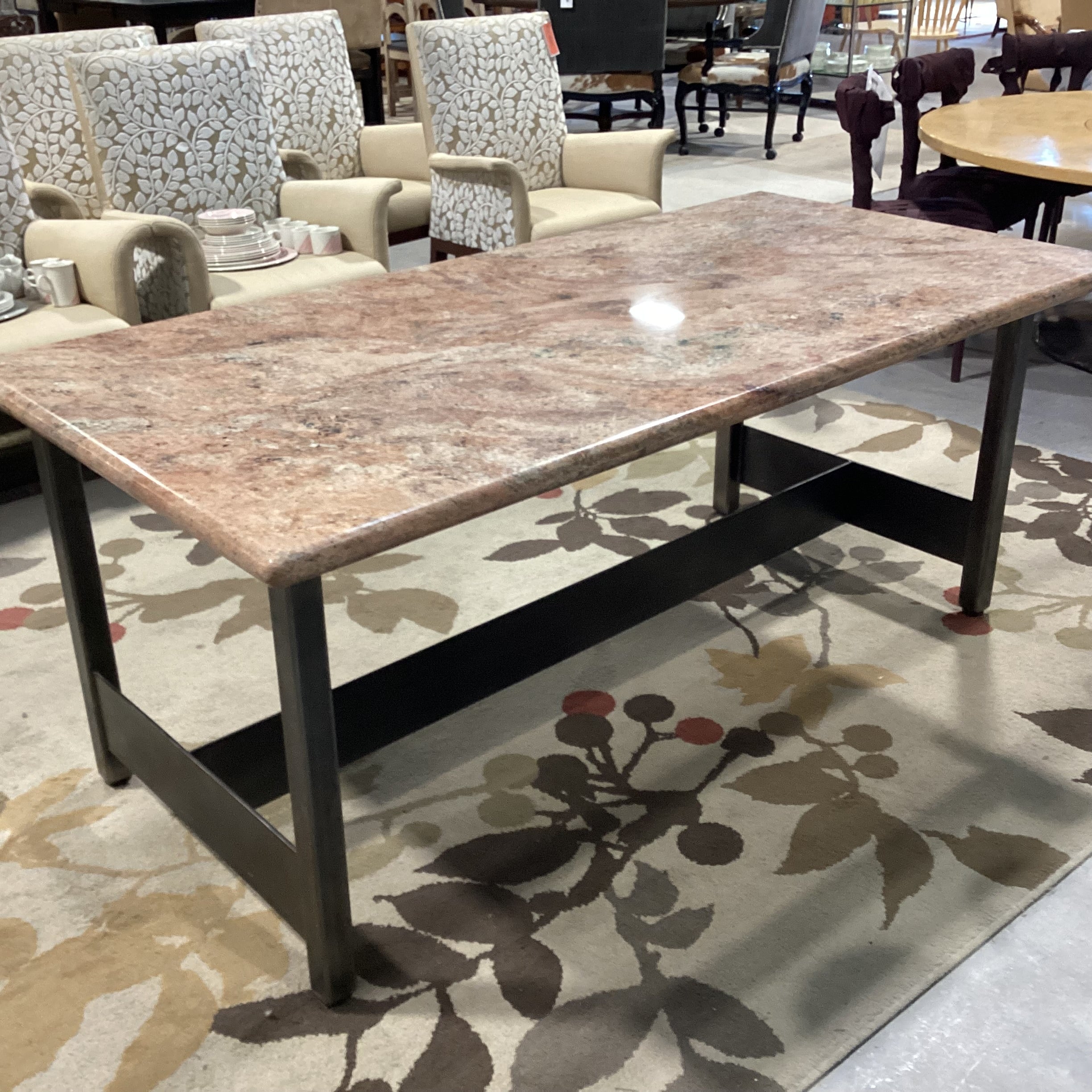 Peach Cream Black Stone Top with Steel Base Dining Table 72"x 36"x 30"
