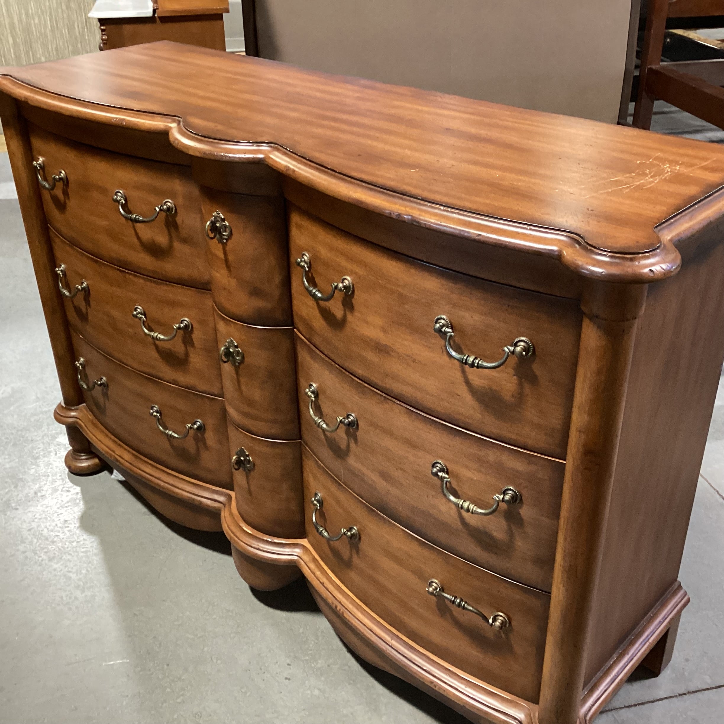 Hickory White Distressed Carved Curved Front 9 Drawer Dresser 64"x 20"x 42"