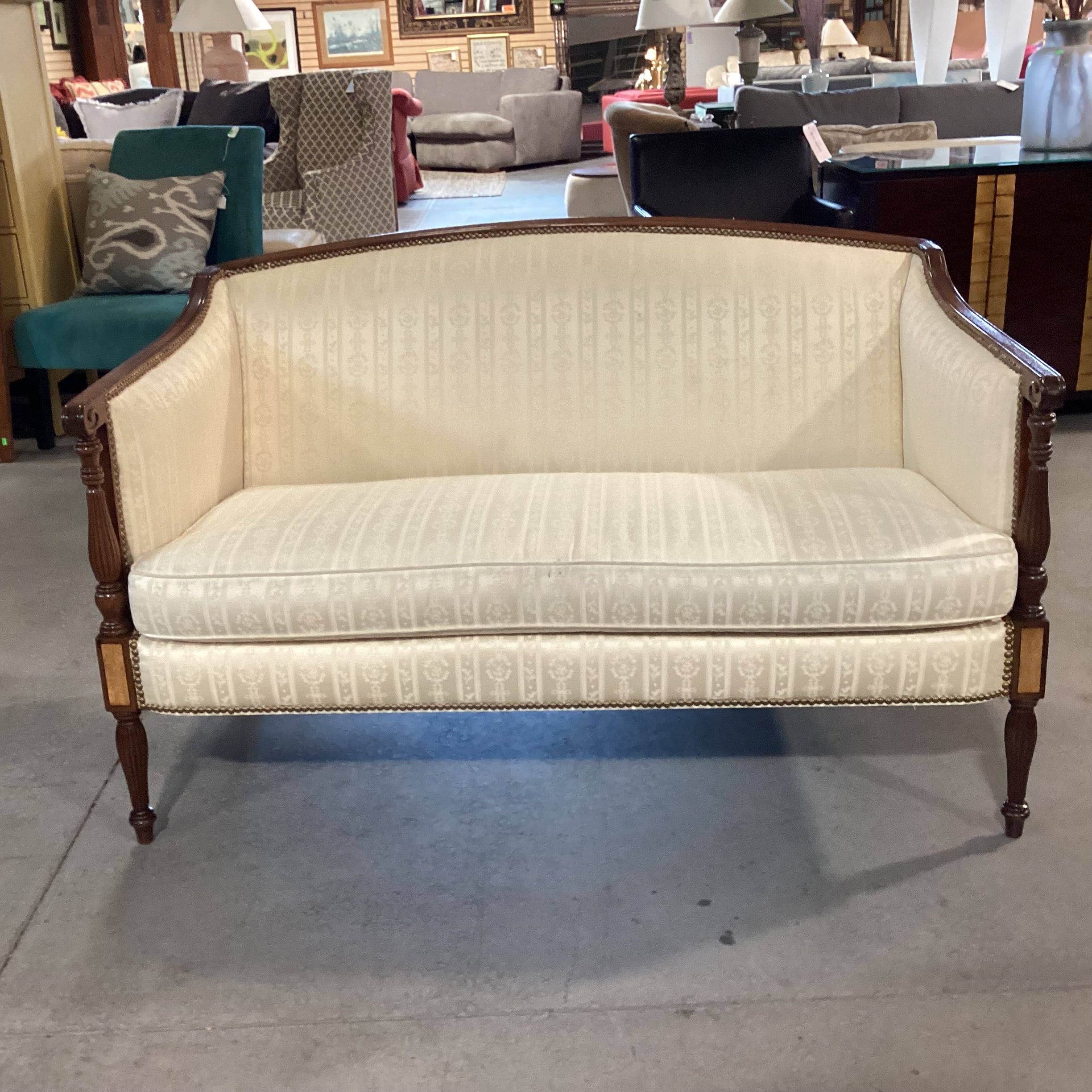 Hickory Chair Furniture Cream Ribbon with Nailhead & Carved Wood Loveseat Sofa 53"x 28"x 34"