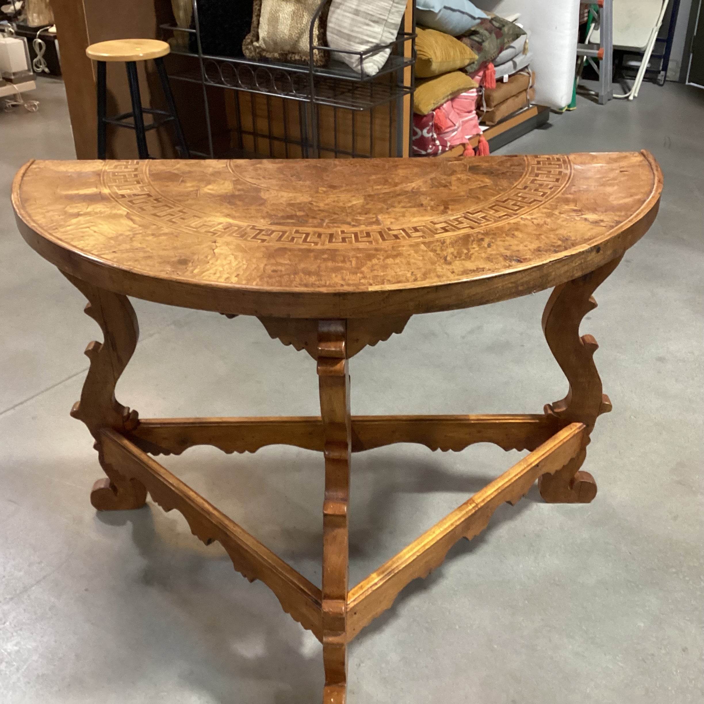 Antique Ornate Carved Wood & Inlay Demi Lune Accent Table 49"x 25"x 35"