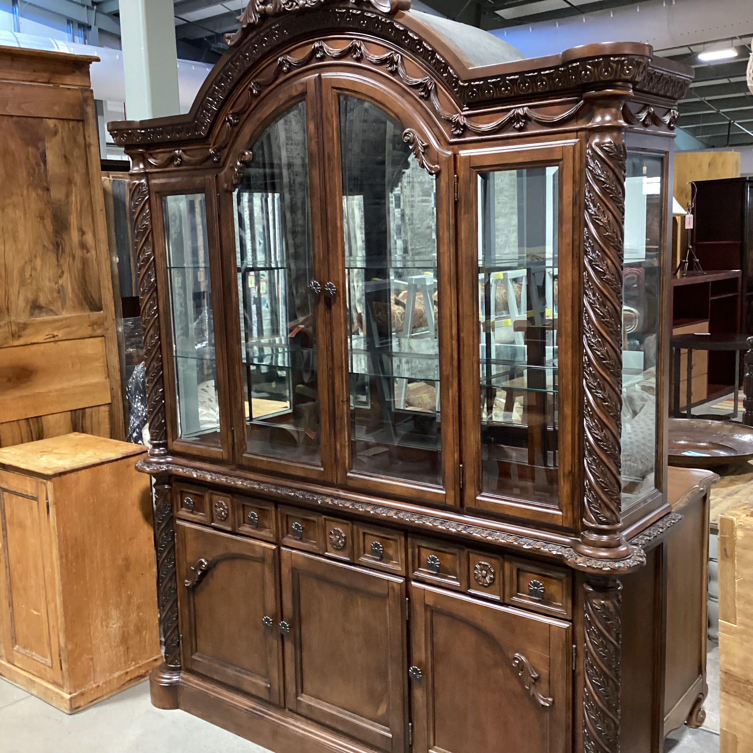 Ashley Furniture North Shore Ornate Carved Wood & Glass 2 Piece China Hutch 71"x 19"x 91"