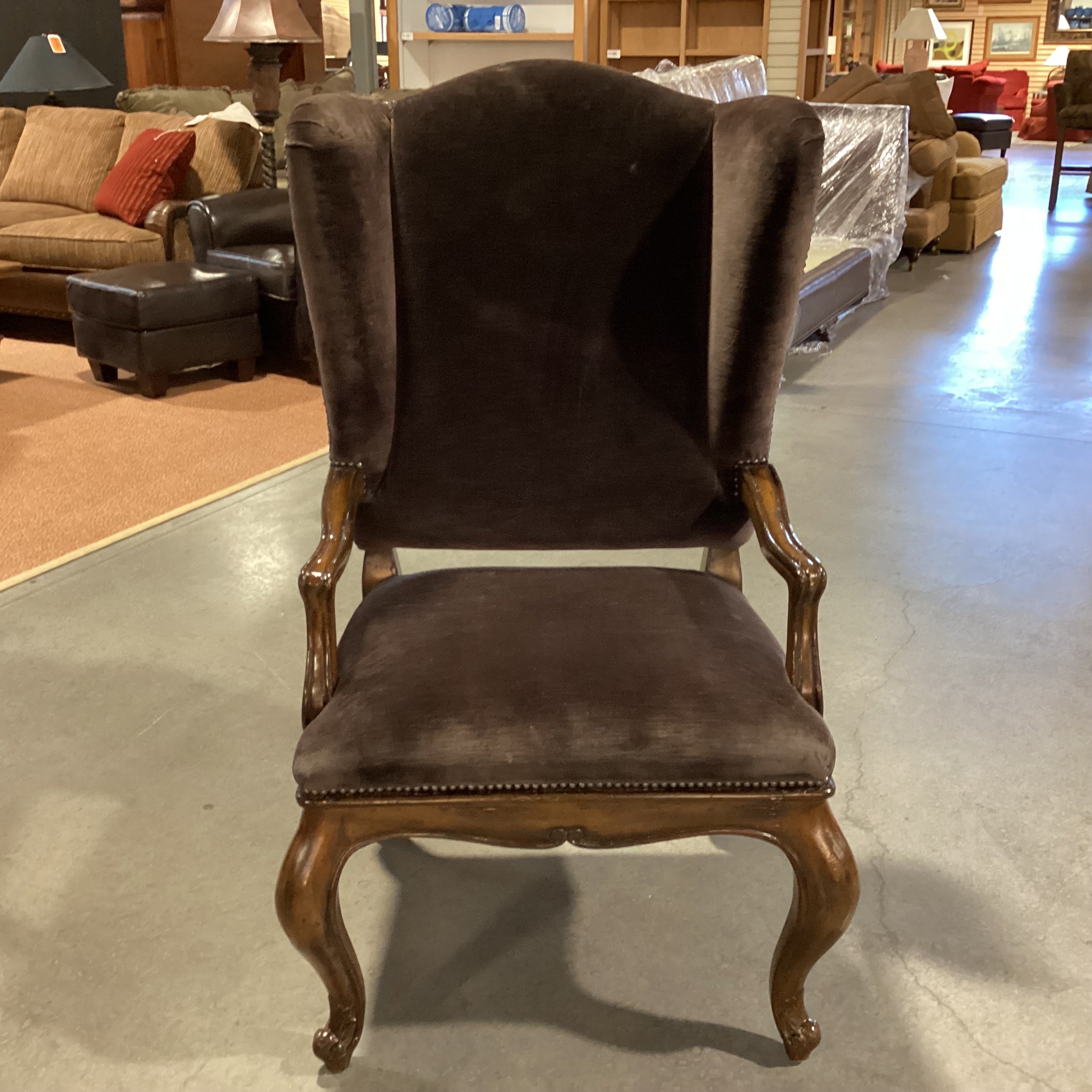 Ornate Carved Wood Dark Brown Velvet Nailhead & Cowhide Back Wing Chair 29"x 28"x 49"
