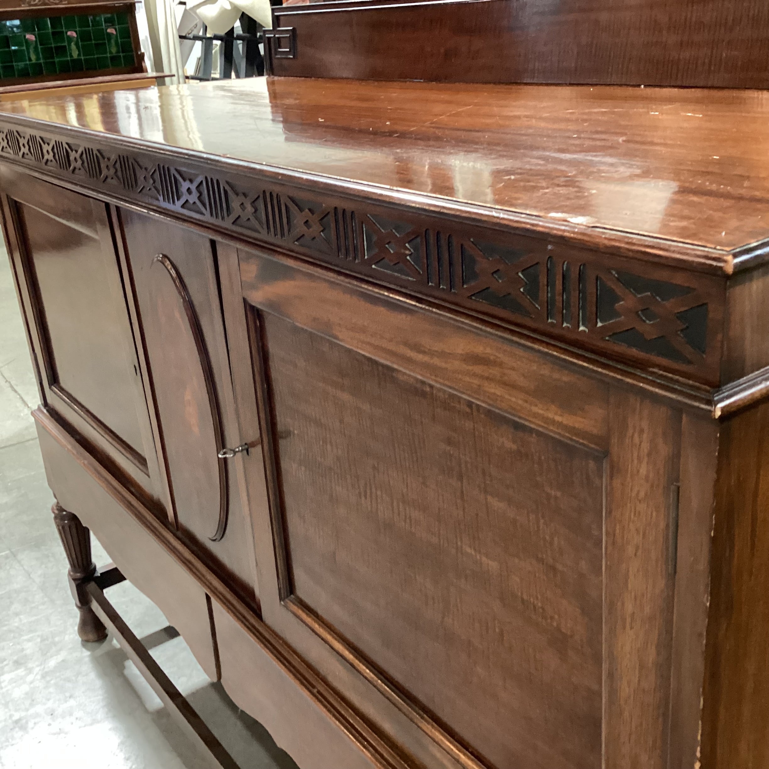 Antique Ribbon Mahogany with Ornate Molding Detail 2 Door Buffet Sideboard 53.5"x 21"x 42.5"