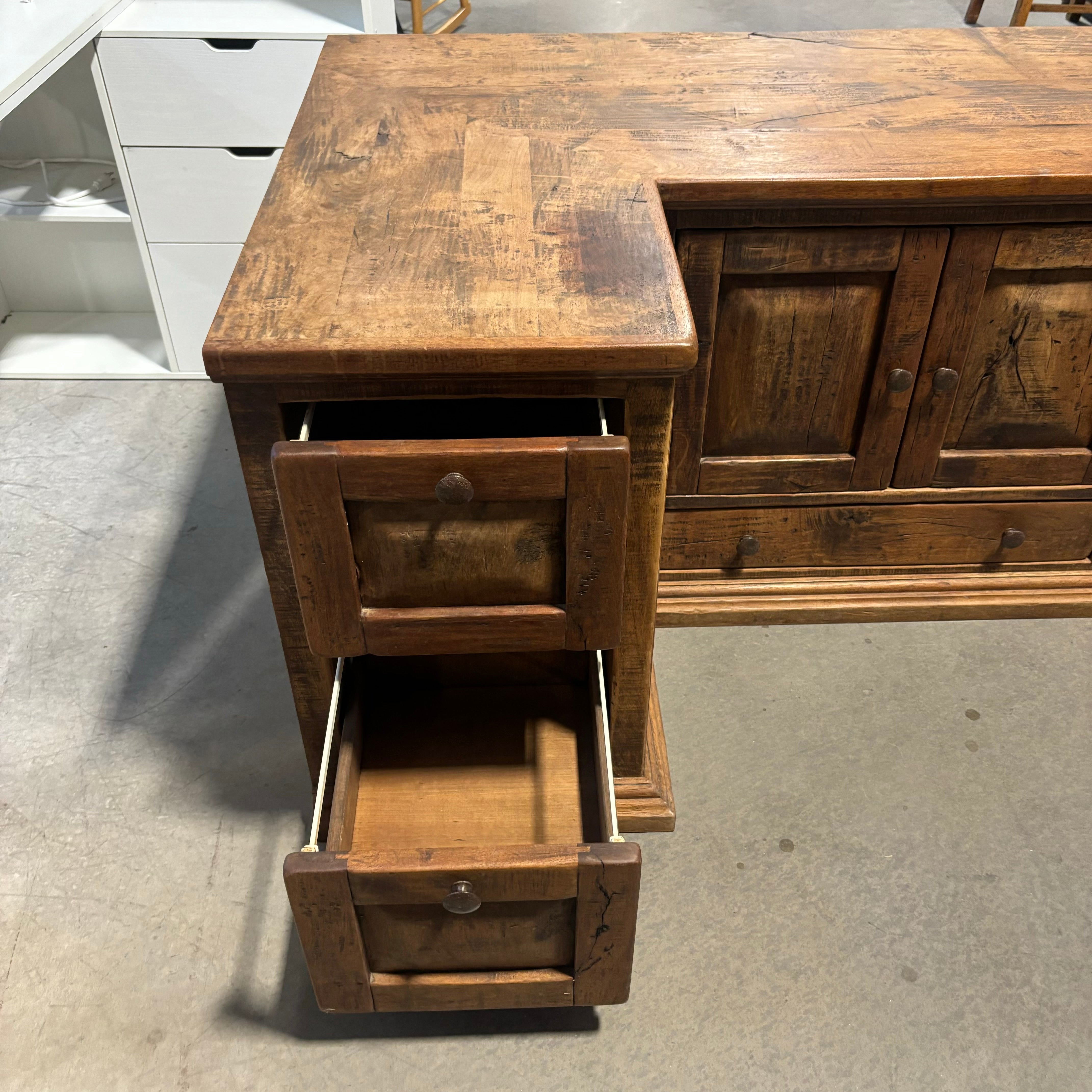 Custom Natural Distressed Wood with Iron Accents L Shaped Desk 66"x 41.5"x 30"
