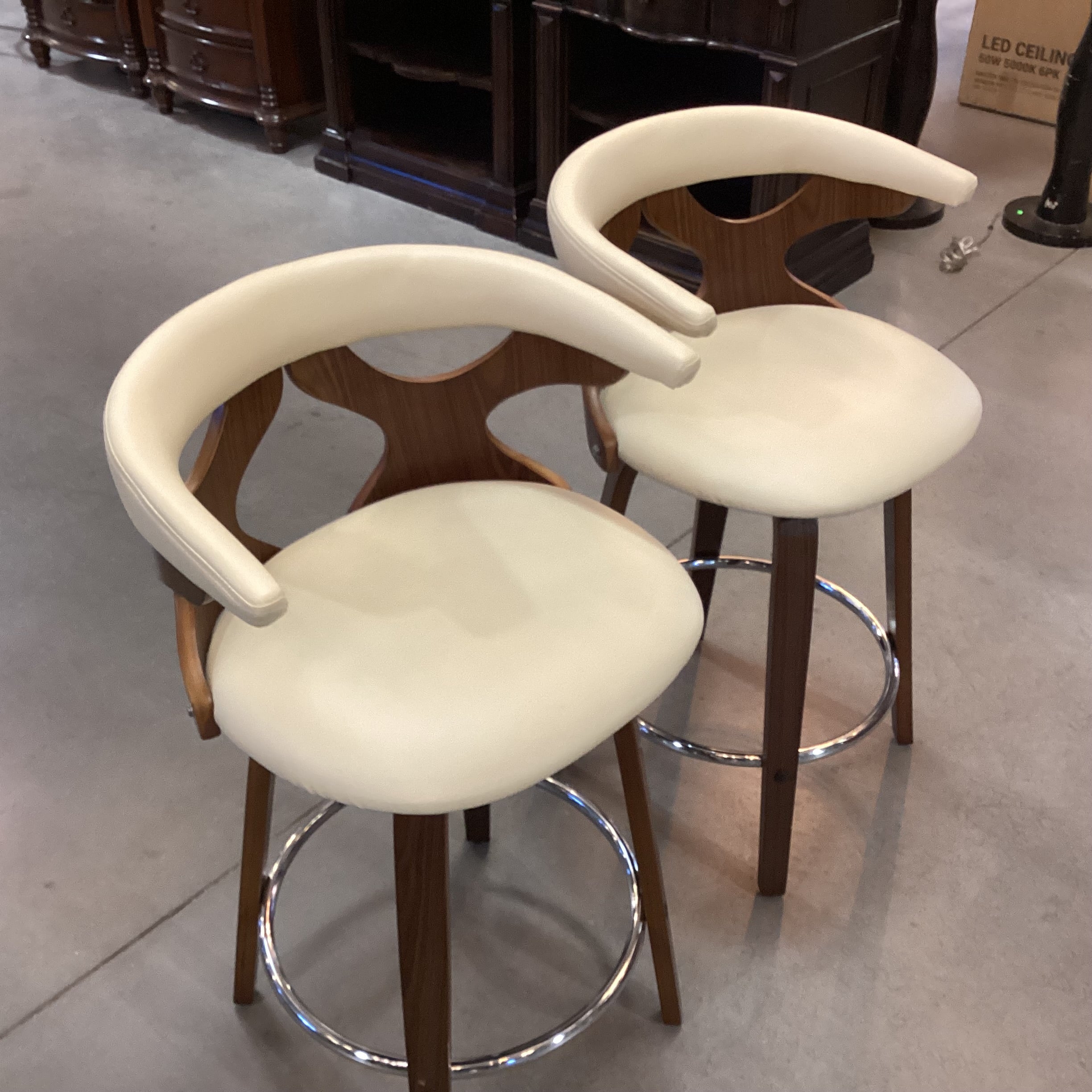 SET of 2 Lumisource Gardenia Mid Century Style Faux Cream Leather & Wood Barstools 25"
