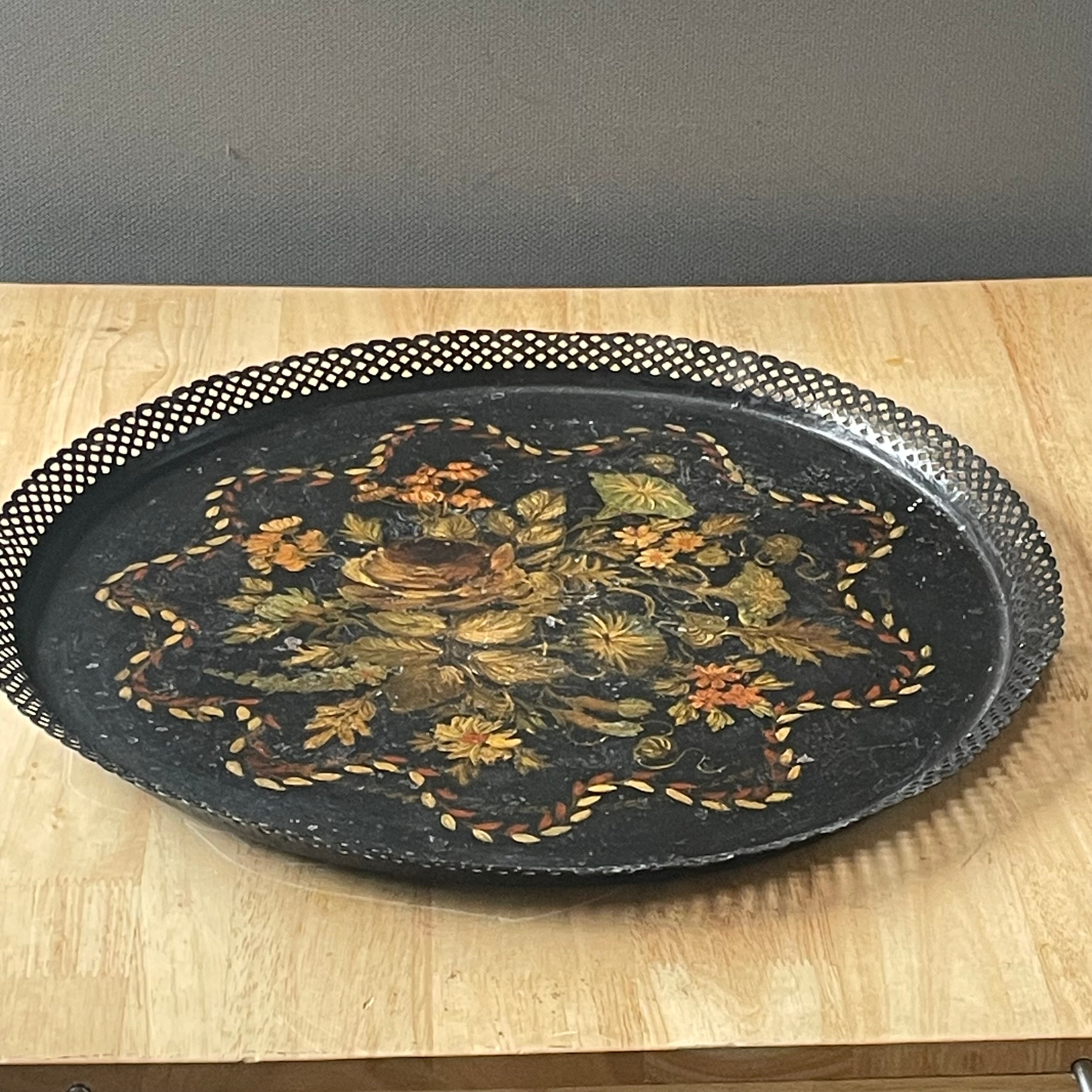 Antique Black Reticulated Edge Hand Painted Toleware Round Serving Tray, 17"x .75"