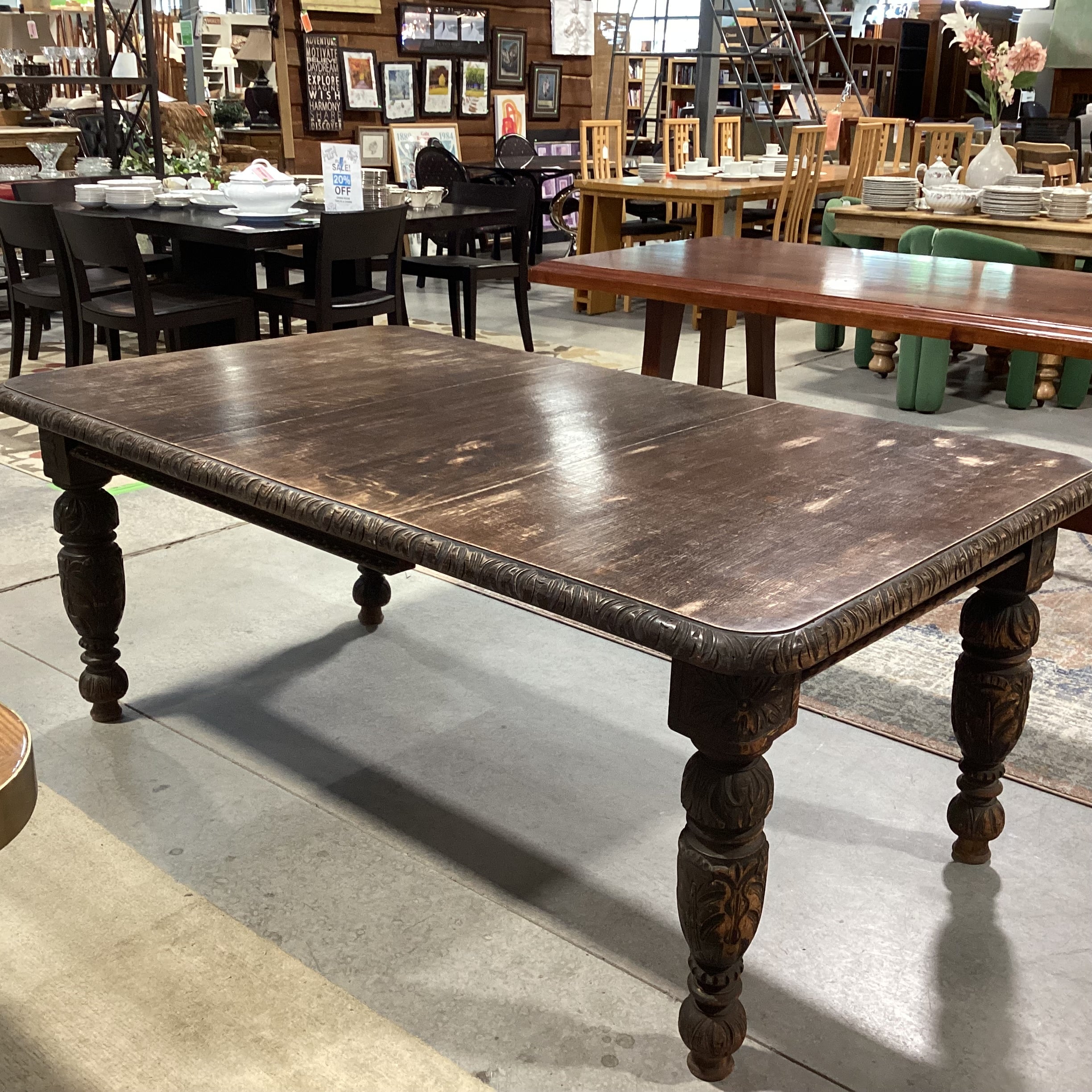 Antique Dark Finish Carved Oak with 1 Leaf Dining Table 70"x 42"x 28"