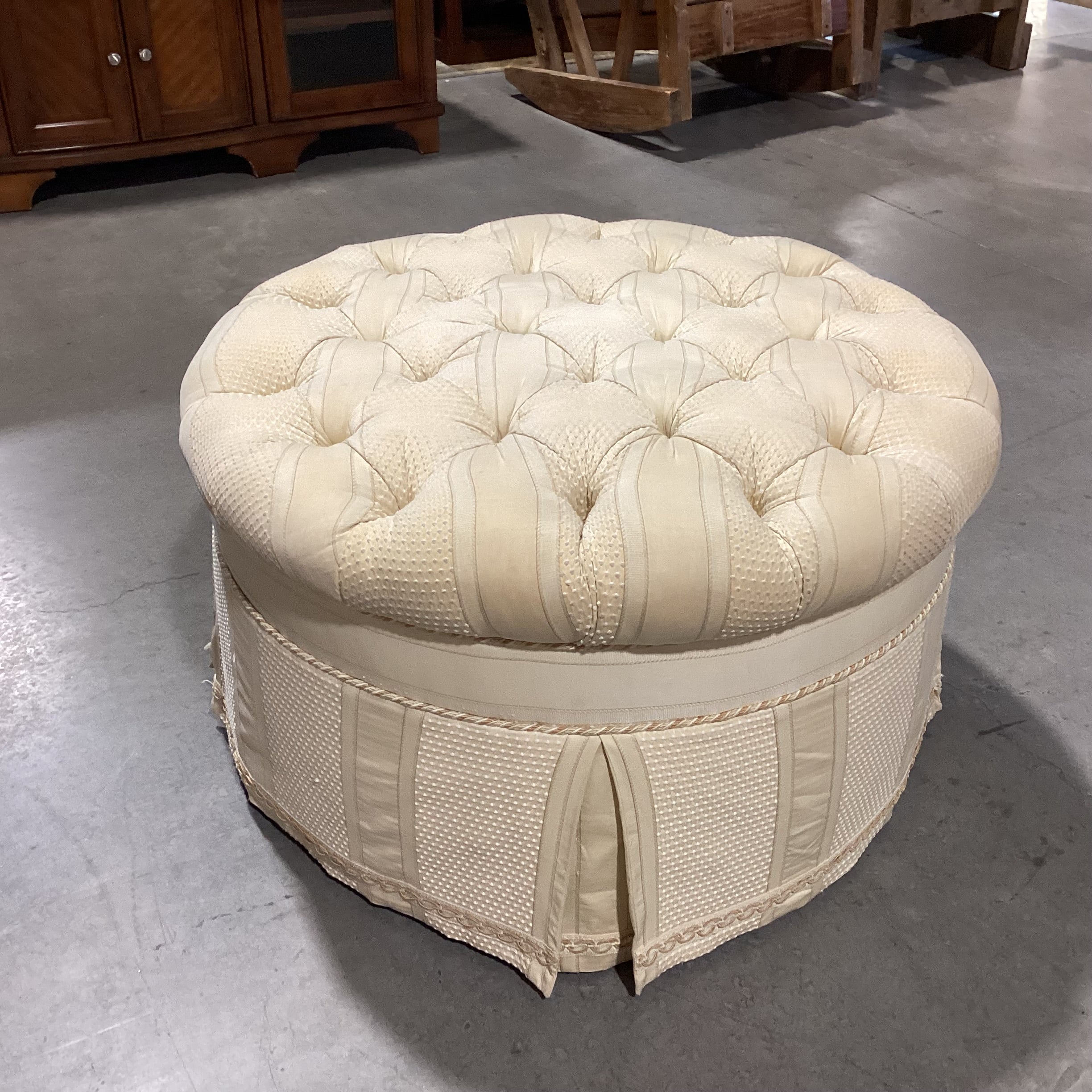 Cream Gold Pattern Ribbon Tufted Round Skirted Ottoman 34" Diameter x 20"