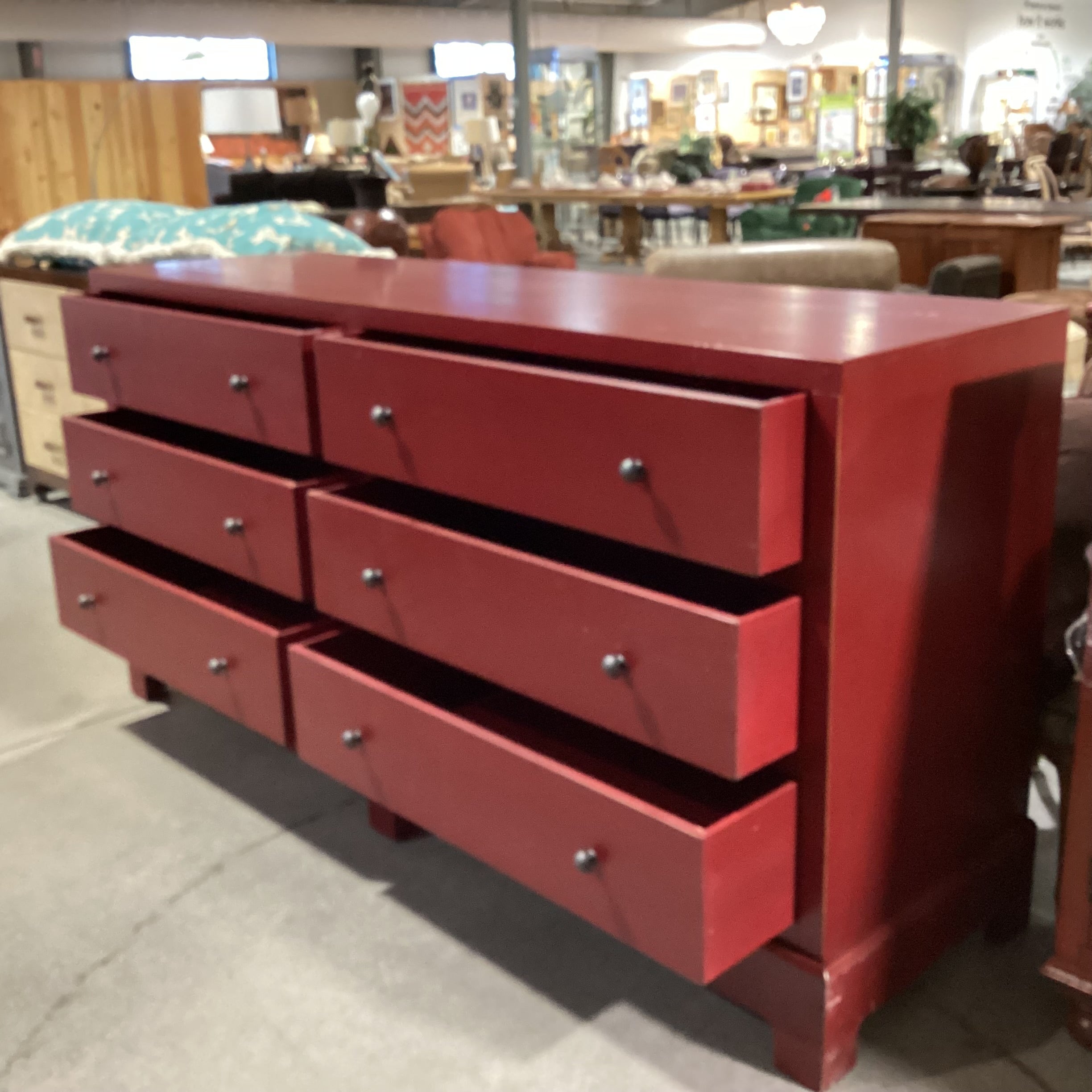 Custom Red Distressed Solid Wood 6 Drawer Dresser 82.5"x 23.5"x 42"