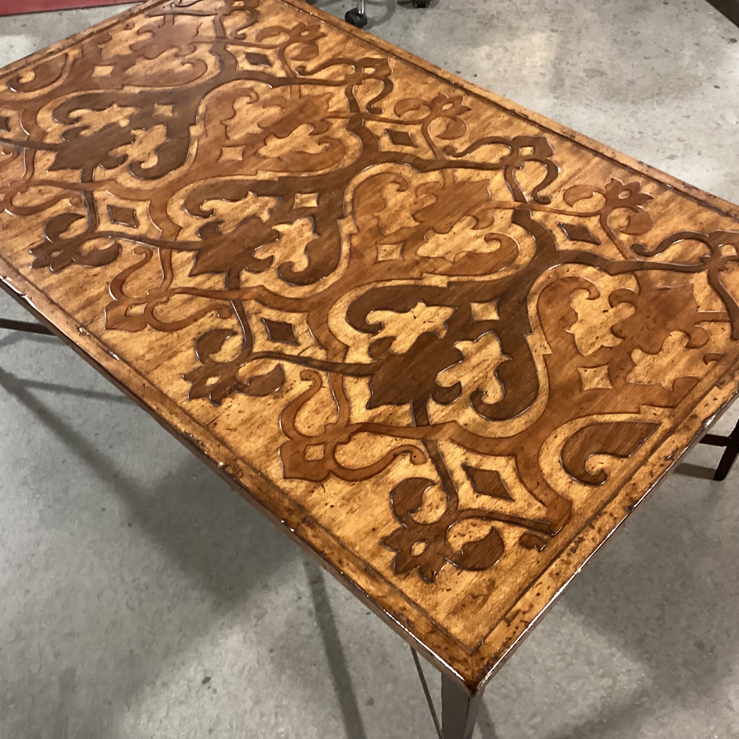 Ornate Hand Carved 2 Tone Distressed Wood & Iron X Stretcher Base Coffee Table 50"x 31"x 20"
