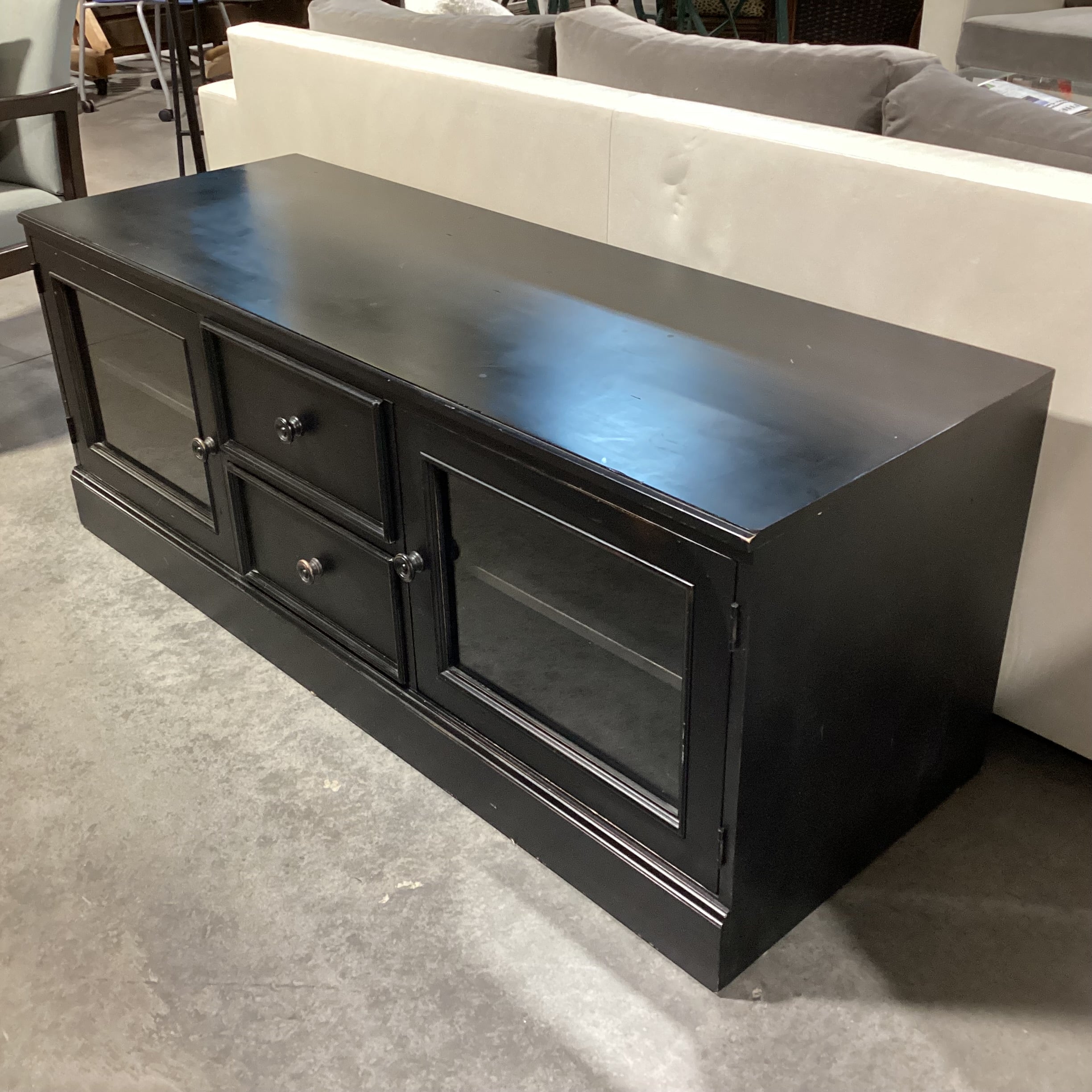 Ethan Allen New Country Distressed Black Wood 2 Glass Door with Shelves 2 Drawer Console 60"x 21.5"x 23"