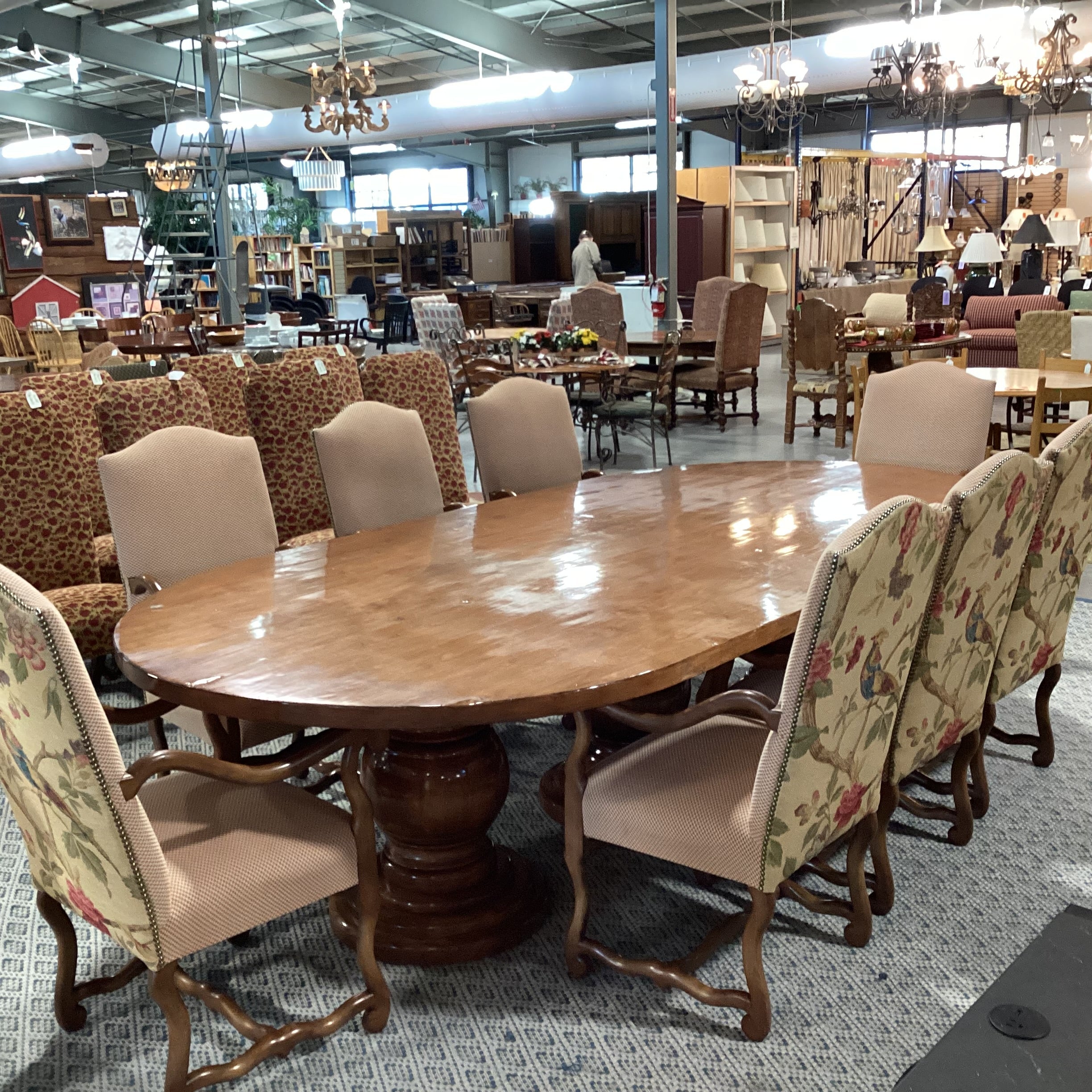 Oval Finished Carved Wood 3 Pedestal Table with 8 Checker Bird Floral Trouvalles Chairs Dining Set 118.5"x 59.5"x 31"