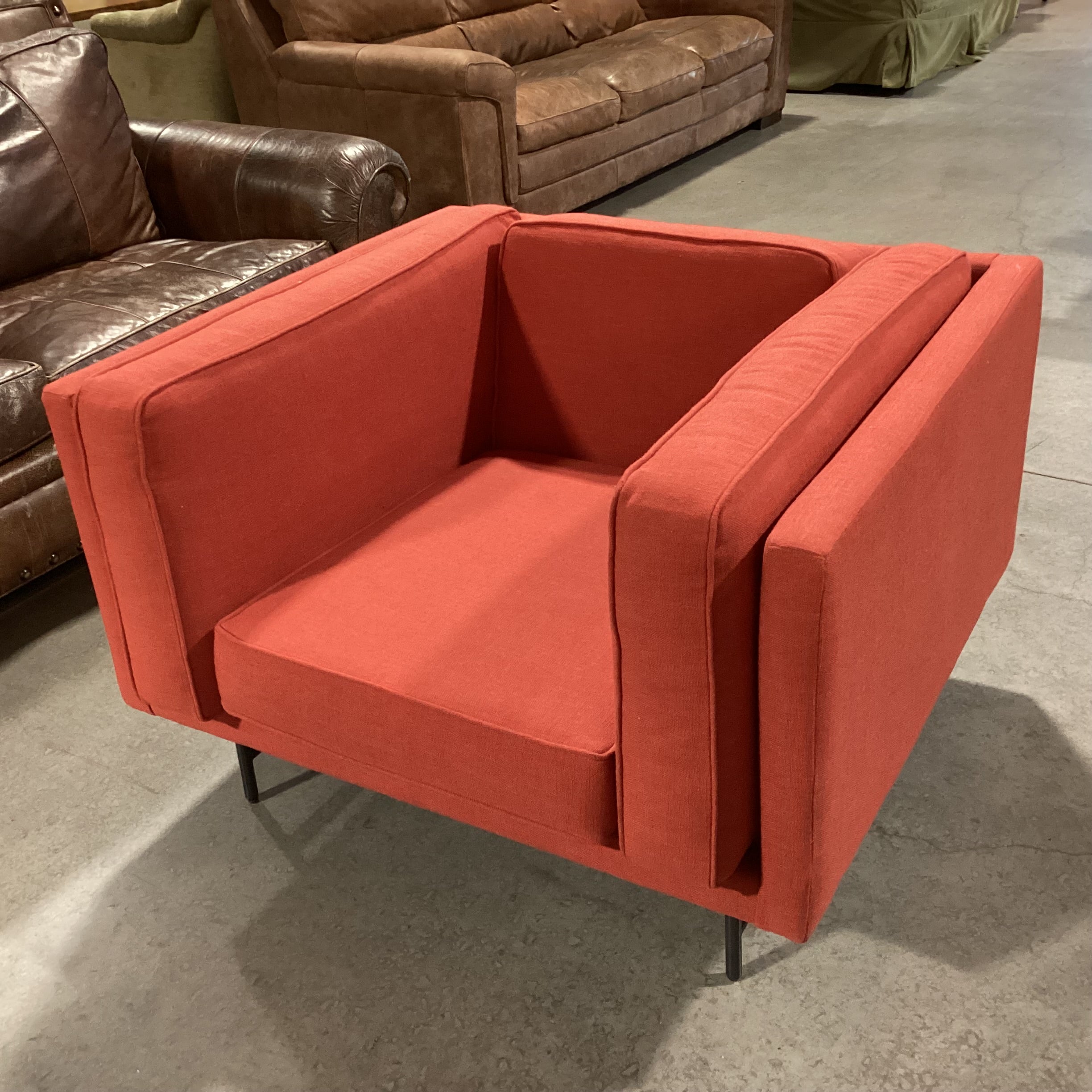 Blu Dot Red Linen Modern Bank Lounge Chair 39"x 36"x 25.5"