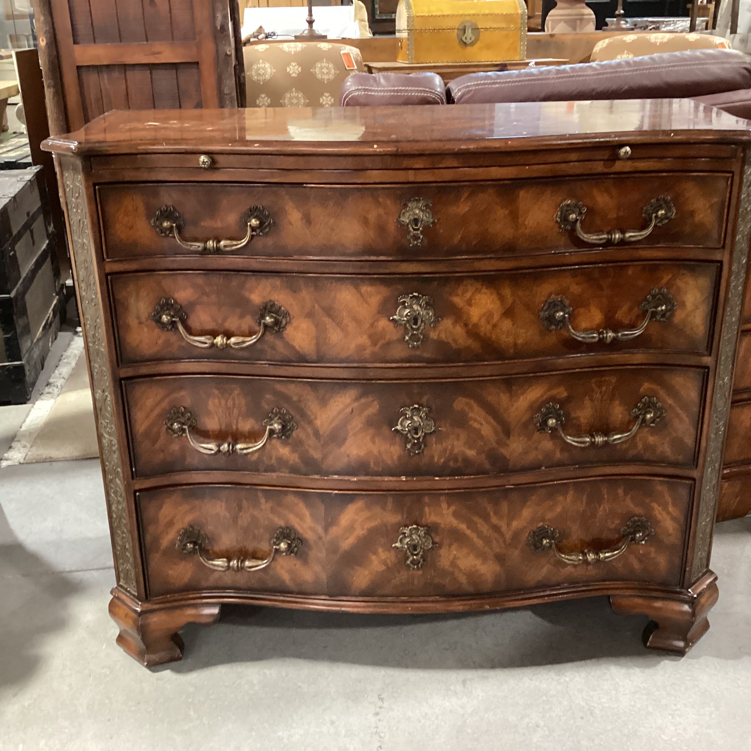 Theodore Alexander Flamed Mahogany Veneer & Carved Wood Ornate Brass Accent 4 Drawer with Leather Top Pullout Chest 43"x 20"x 36"