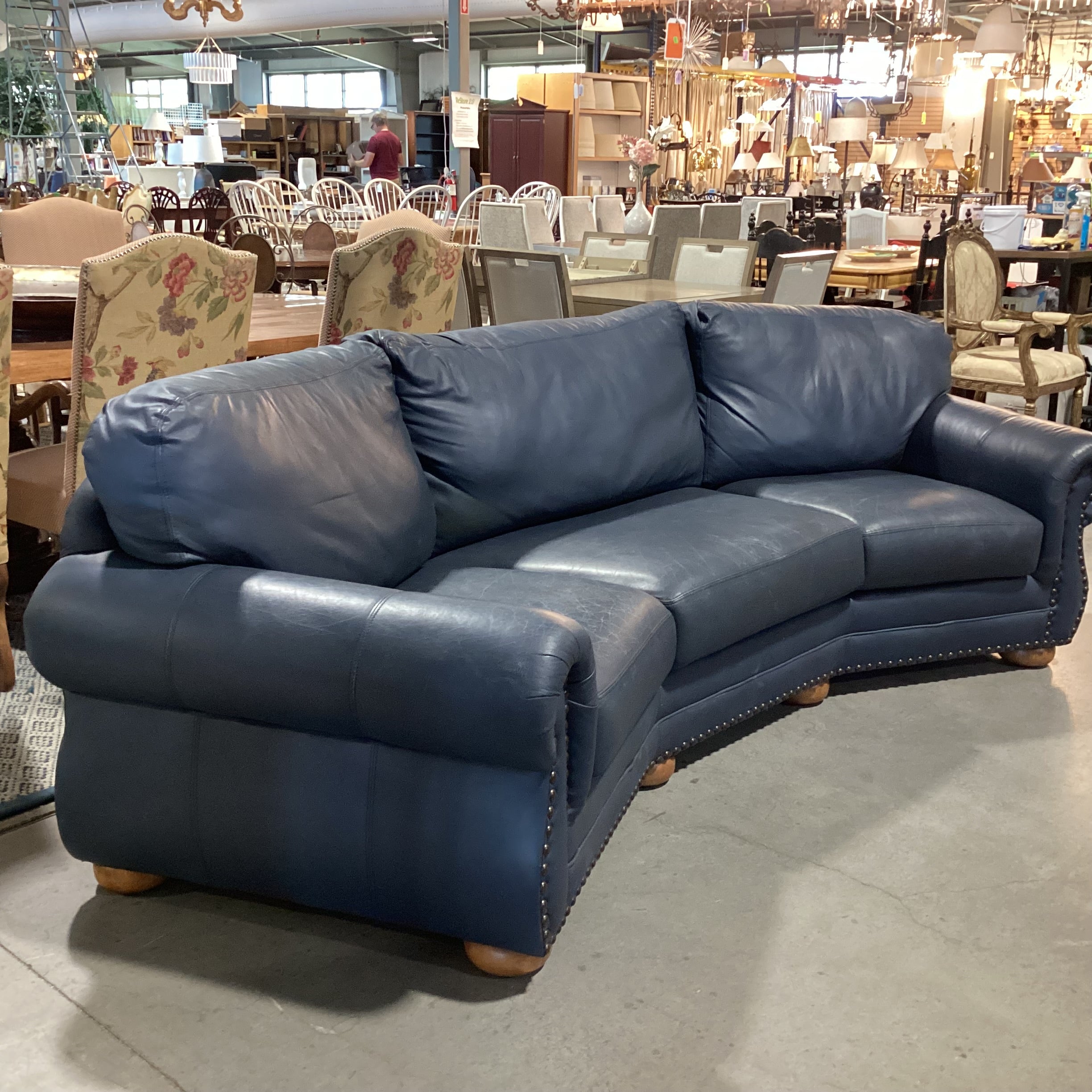 Creative Leather Furniture HighPoint Collection Angled Navy Leather Nailhead Sofa 120"x 54"x 36"